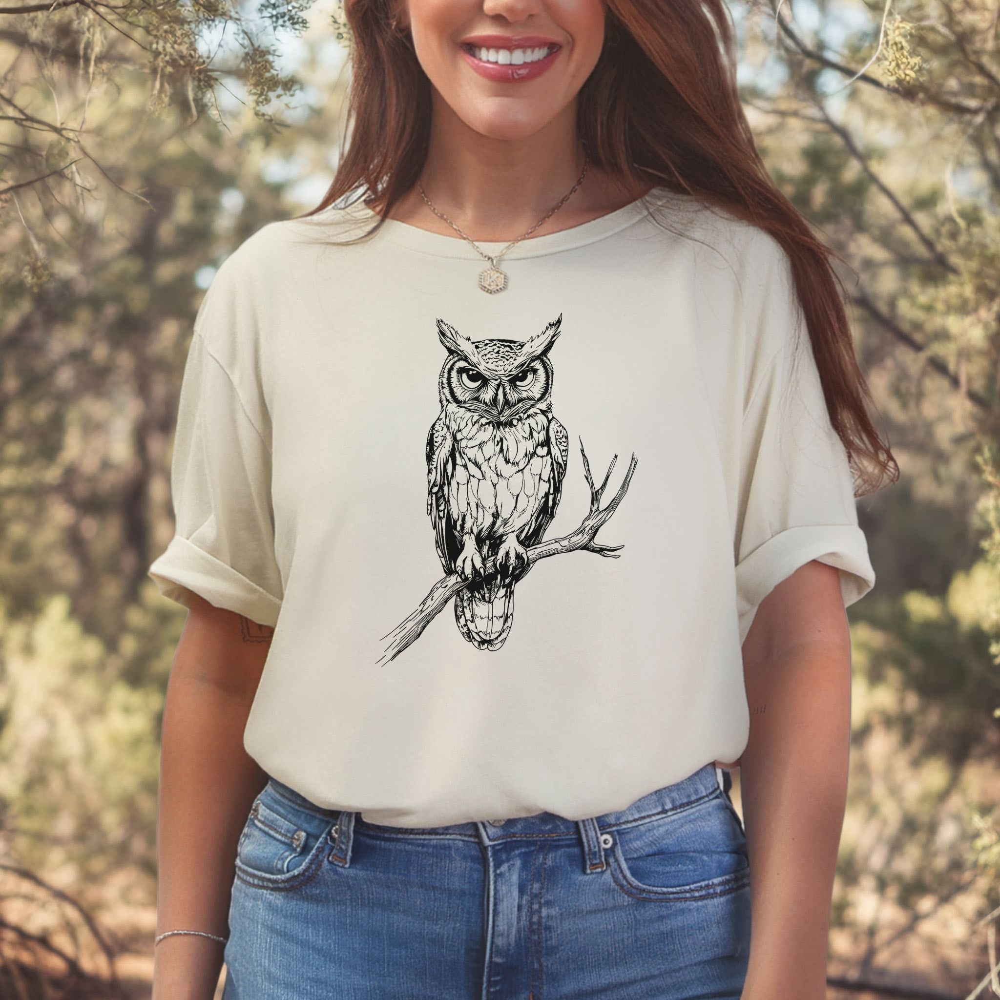 Owl on a Branch Sketch T-Shirt – Black and White Art