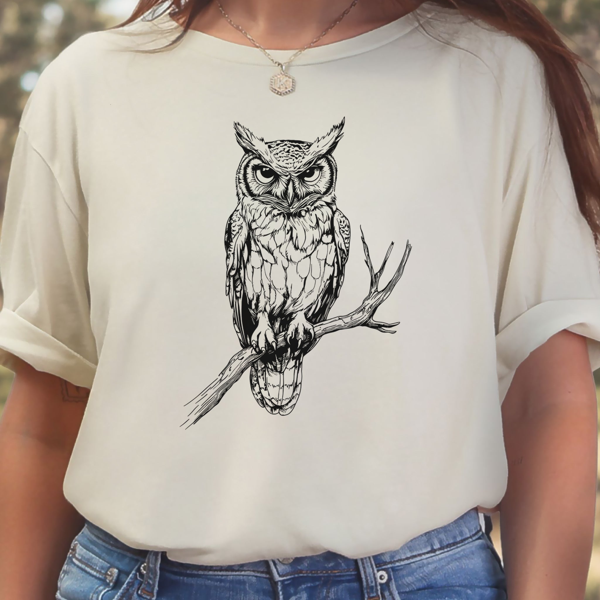 Owl on a Branch Sketch T-Shirt – Black and White Art