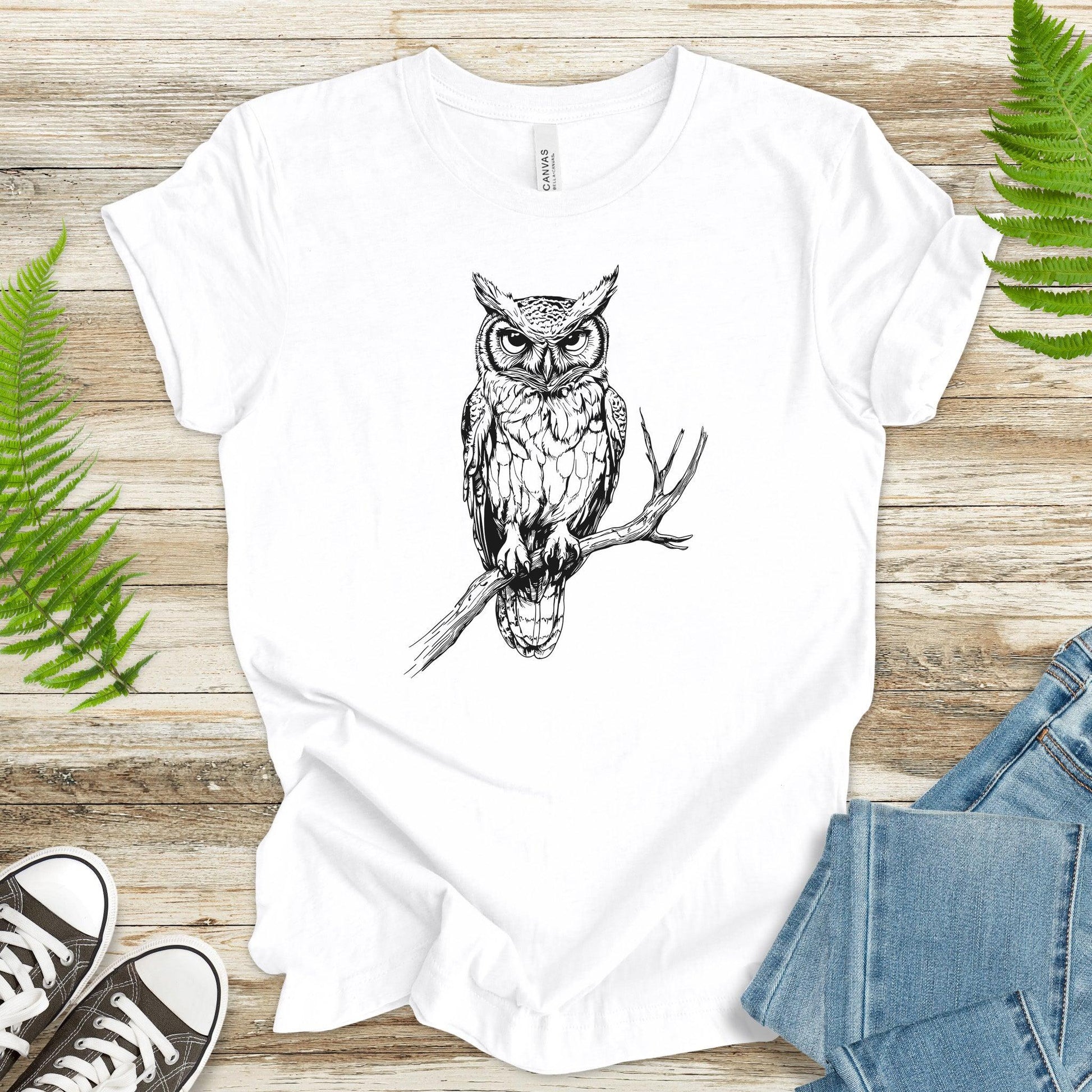 Owl on a Branch Sketch T-Shirt – Black and White Art - TShirtree