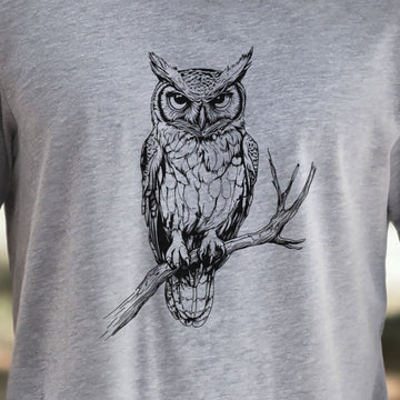 Owl on a Branch Sketch T-Shirt – Black and White Art