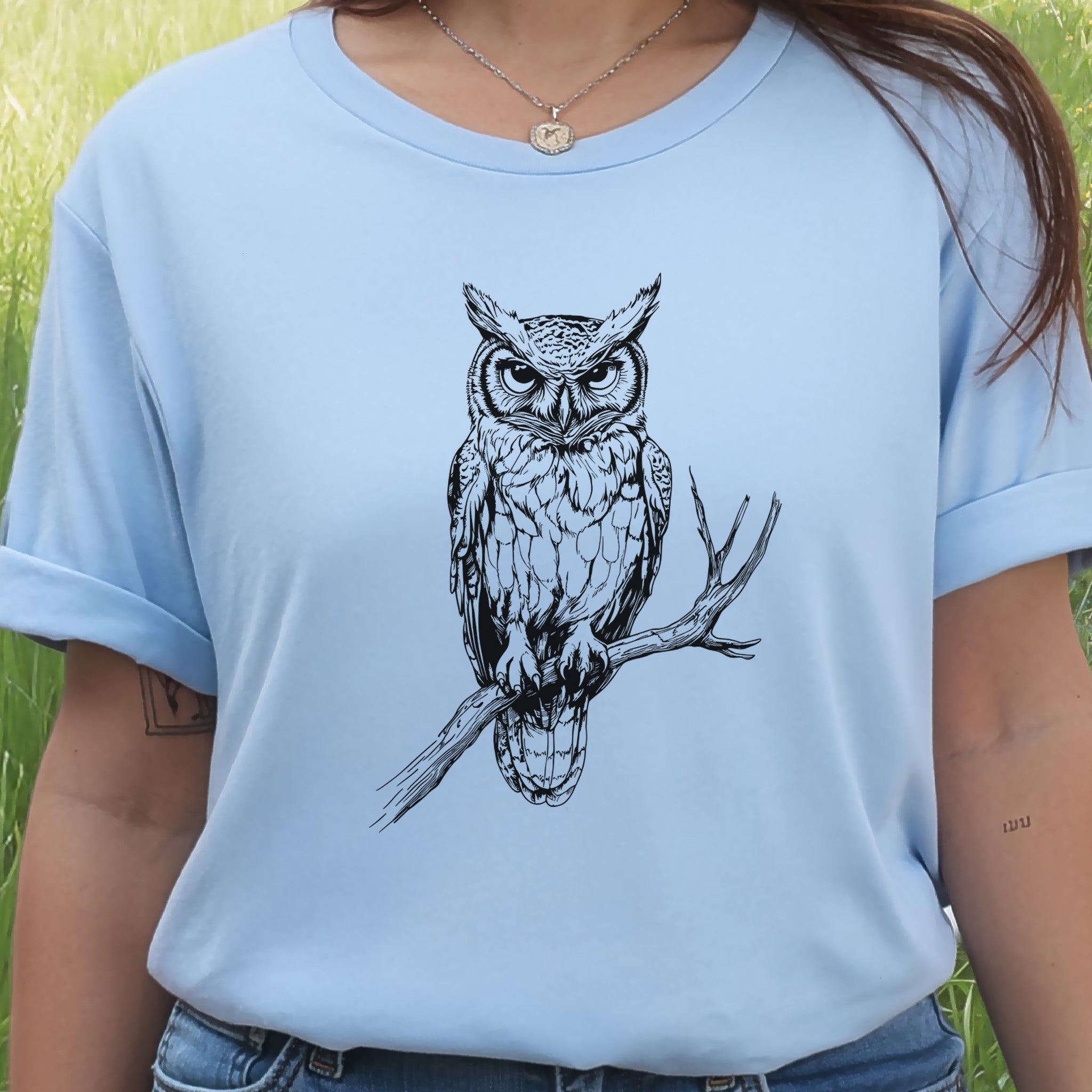 Owl on a Branch Sketch T-Shirt – Black and White Art