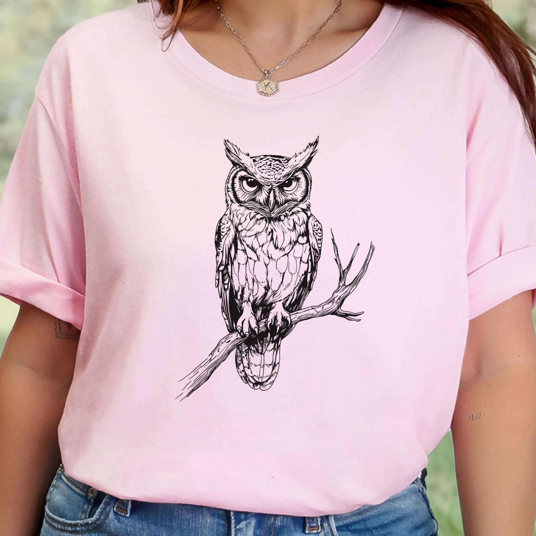 Owl on a Branch Sketch T-Shirt – Black and White Art