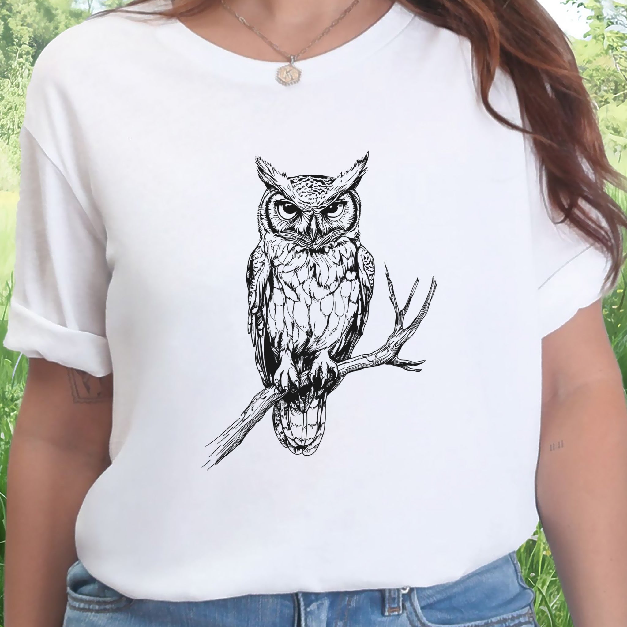 Owl on a Branch Sketch T-Shirt – Black and White Art