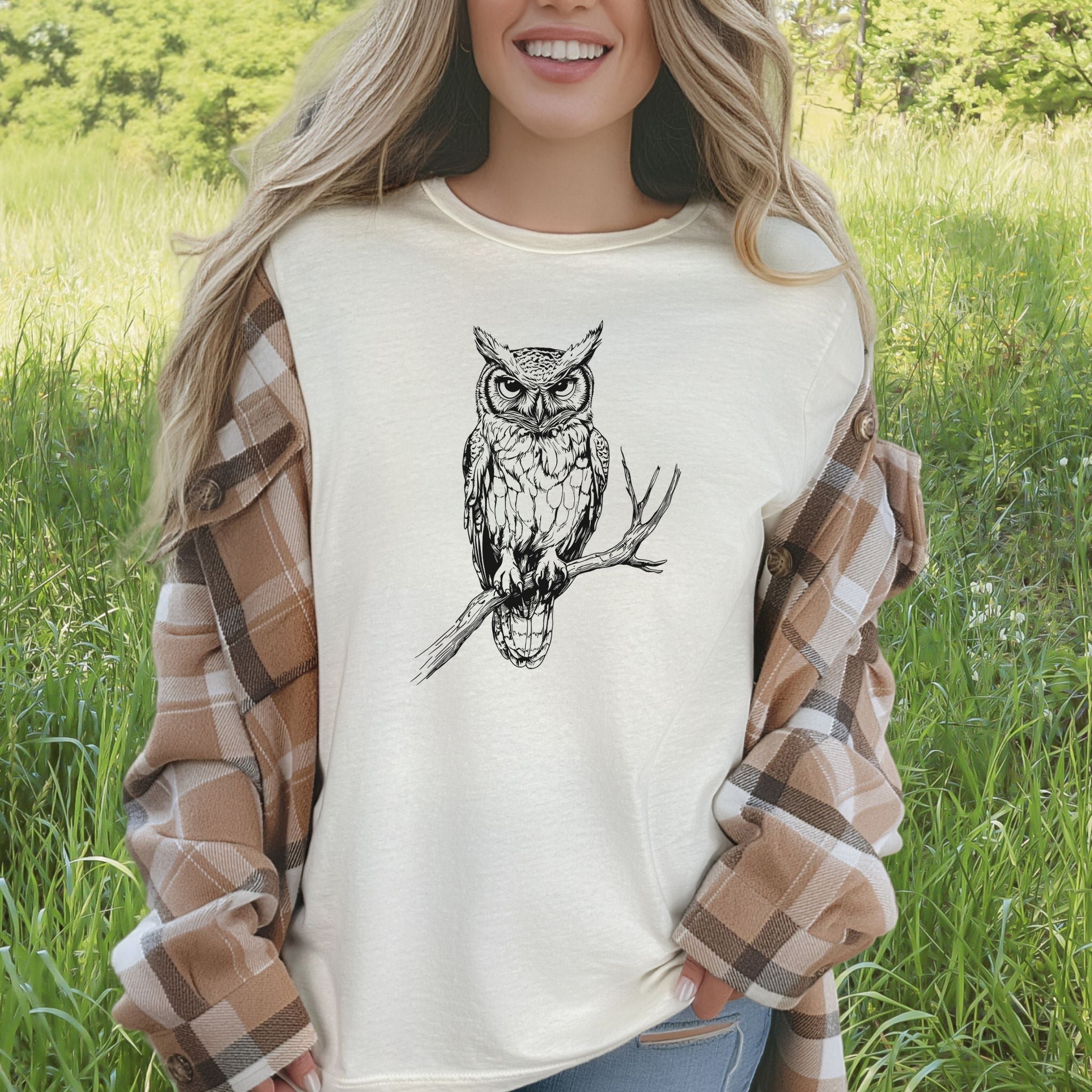 Owl on a Branch Sketch T-Shirt – Black and White Art