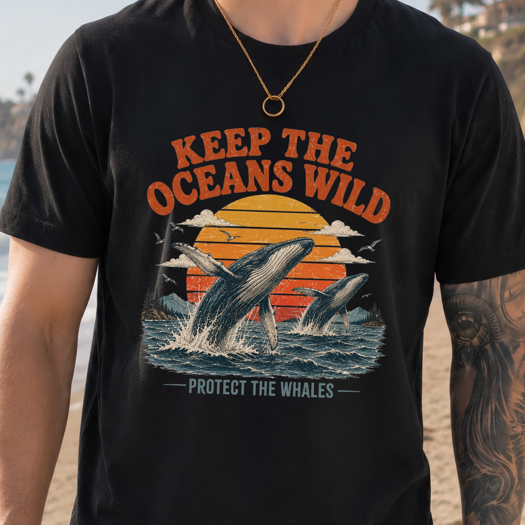 Keep the Oceans Wild Protect the Whales Retro Humpback Ocean T-Shirt