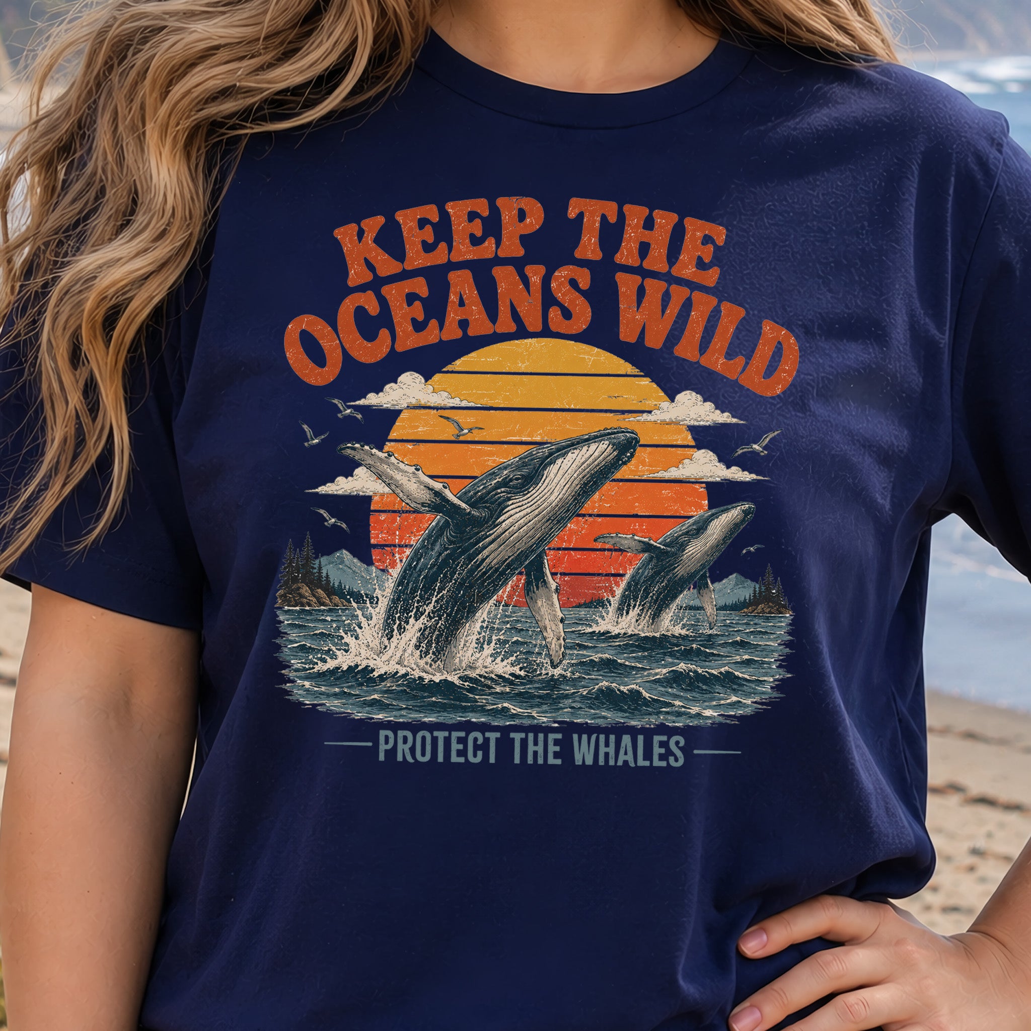 Keep the Oceans Wild Protect the Whales Retro Humpback Ocean T-Shirt