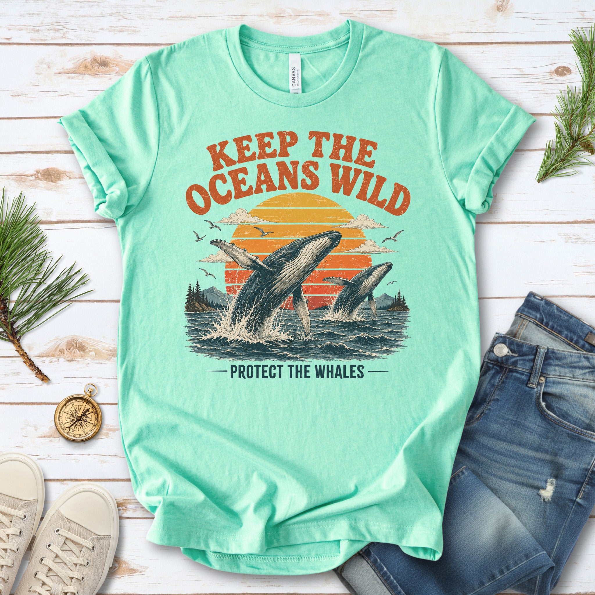 Keep the Oceans Wild Protect the Whales Retro Humpback Ocean T-Shirt