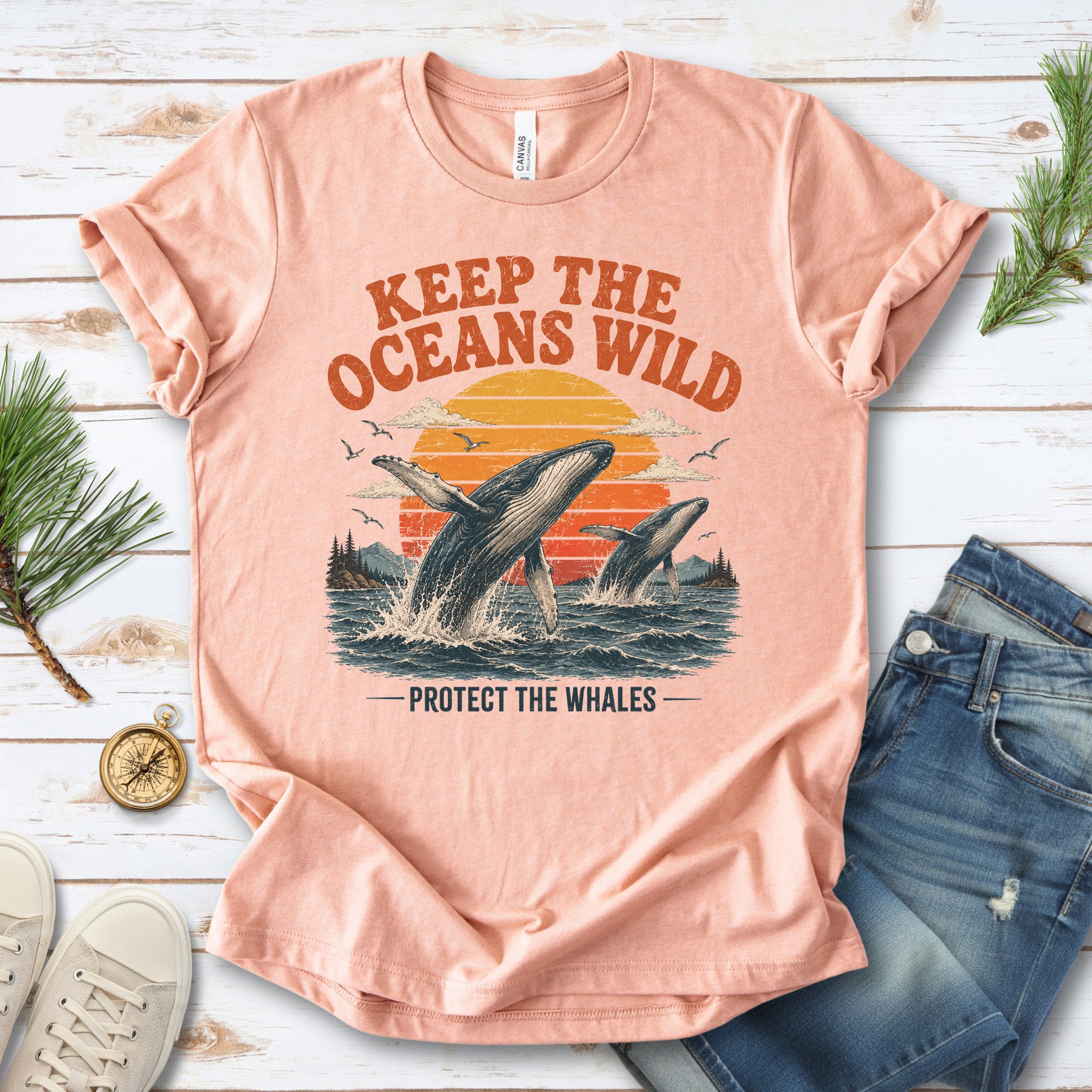 Keep the Oceans Wild Protect the Whales Retro Humpback Ocean T-Shirt