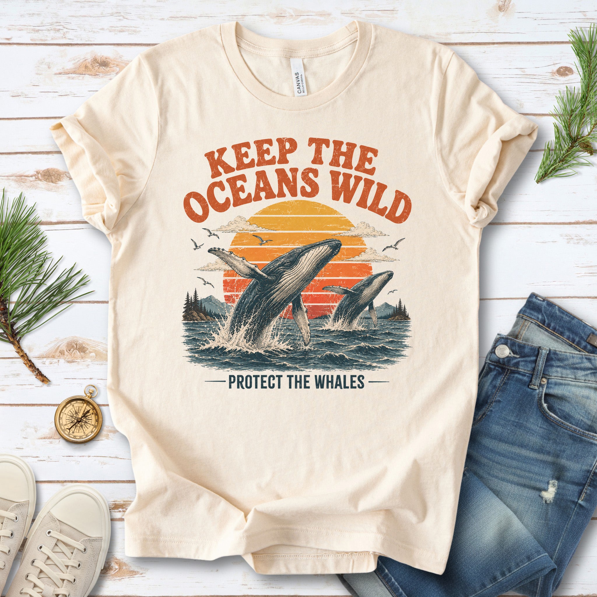 Keep the Oceans Wild Protect the Whales Retro Humpback Ocean T-Shirt