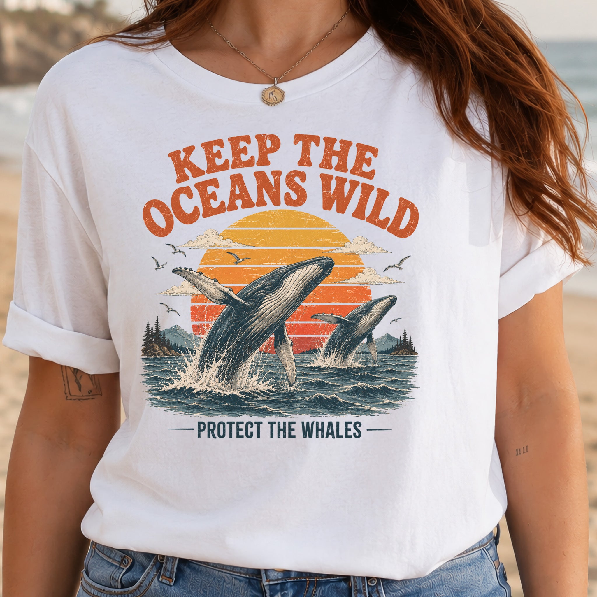 Keep the Oceans Wild Protect the Whales Retro Humpback Ocean T-Shirt
