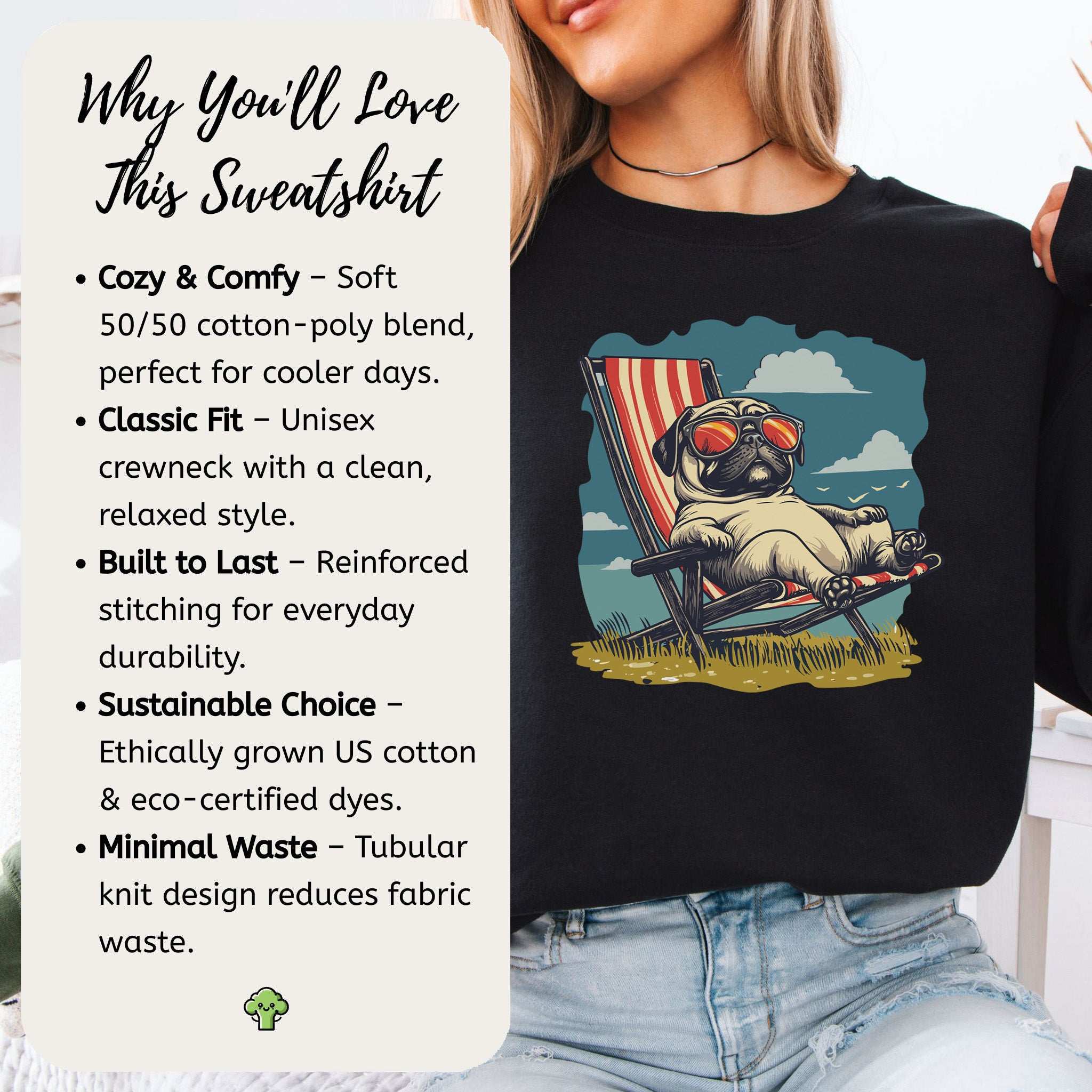 Lazy Pug Sweatshirt – Chill Vintage Beach Vibes for Dog Lovers