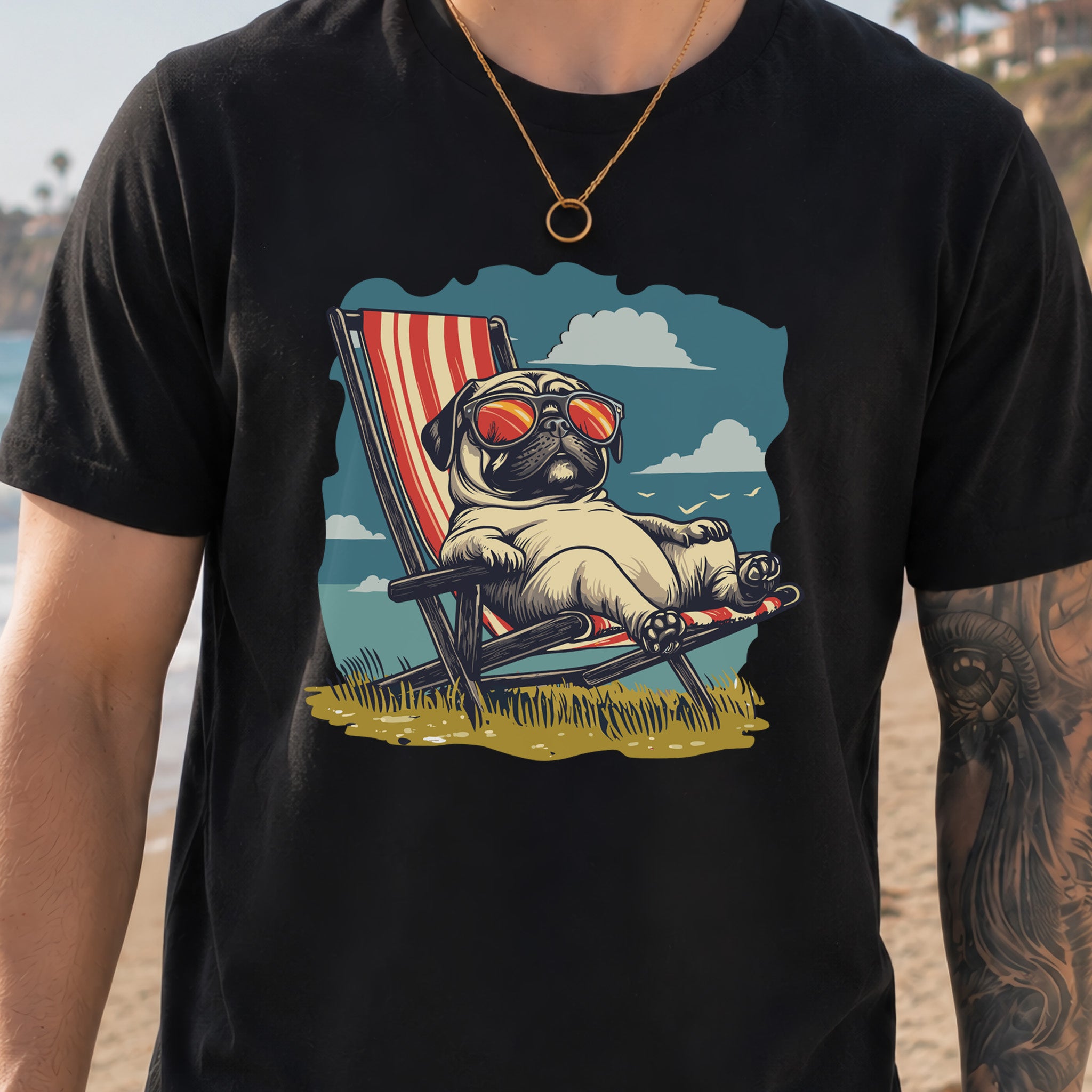 Lazy Pug T-Shirt – Chill Beach Vibes in Vintage Style