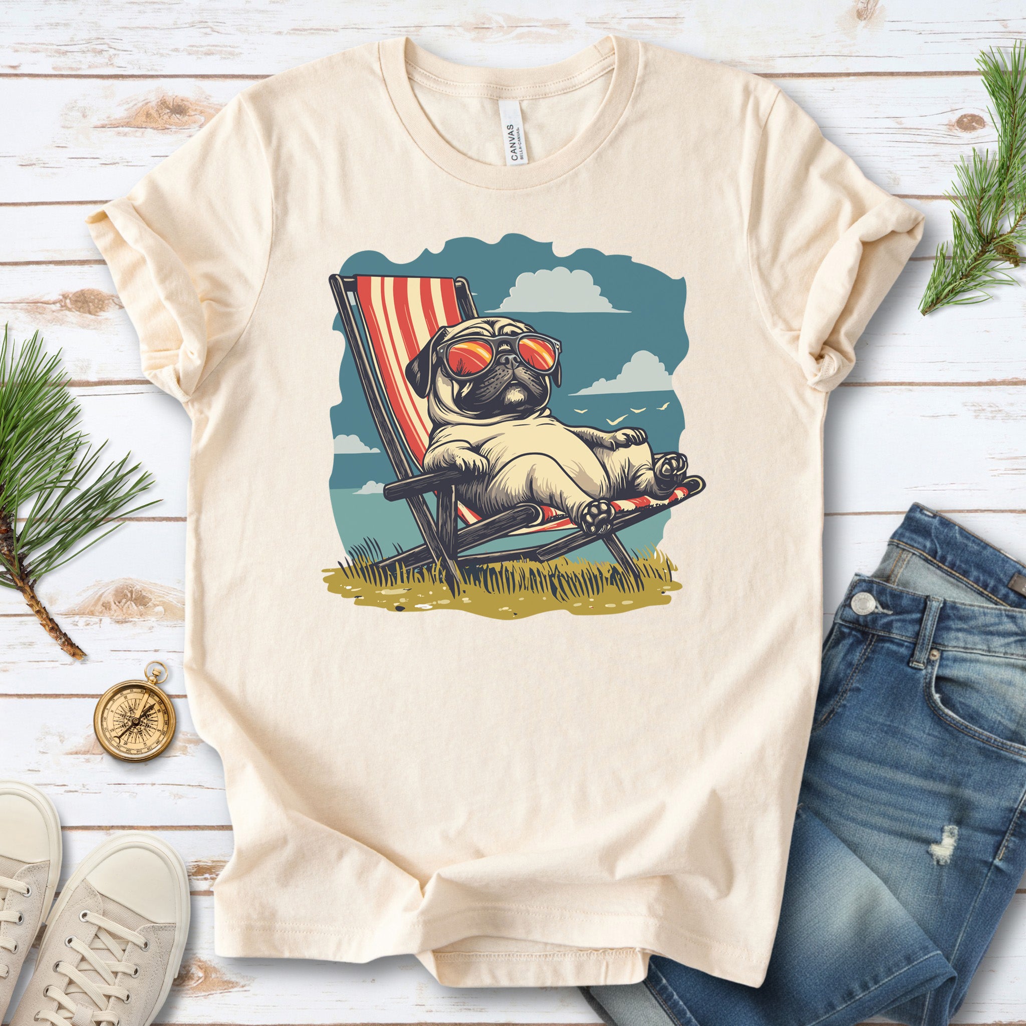 Lazy Pug T-Shirt – Chill Beach Vibes in Vintage Style