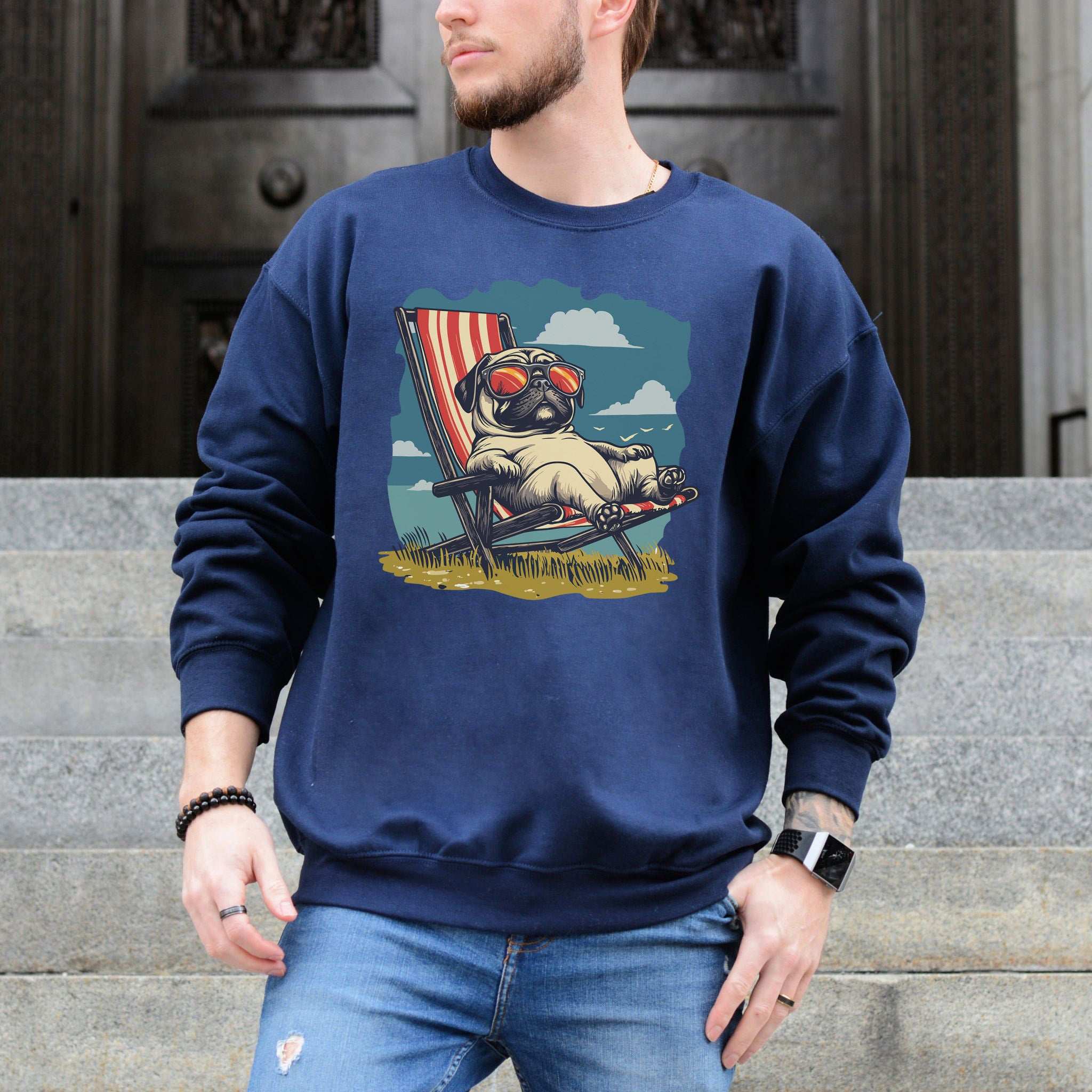 Lazy Pug Sweatshirt – Chill Vintage Beach Vibes for Dog Lovers