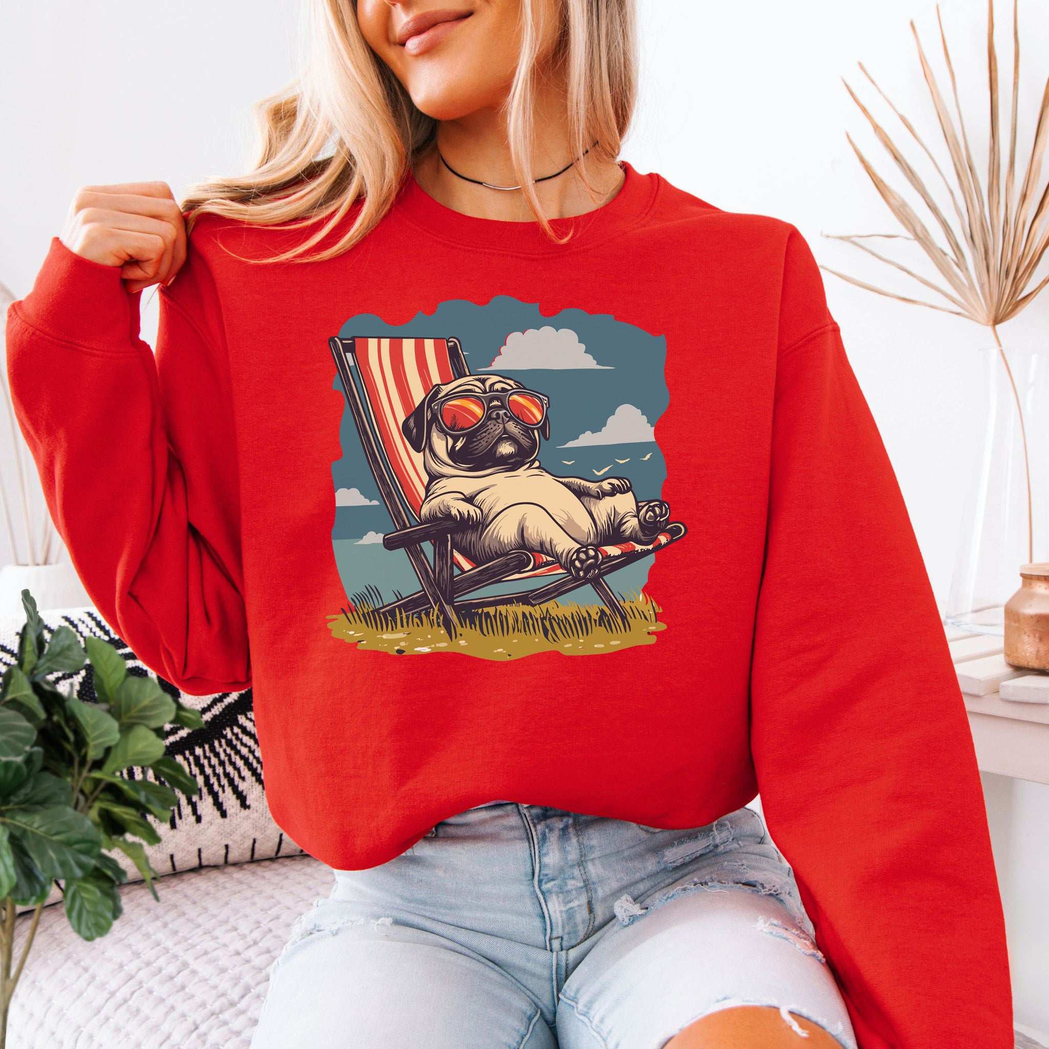 Lazy Pug Sweatshirt – Chill Vintage Beach Vibes for Dog Lovers