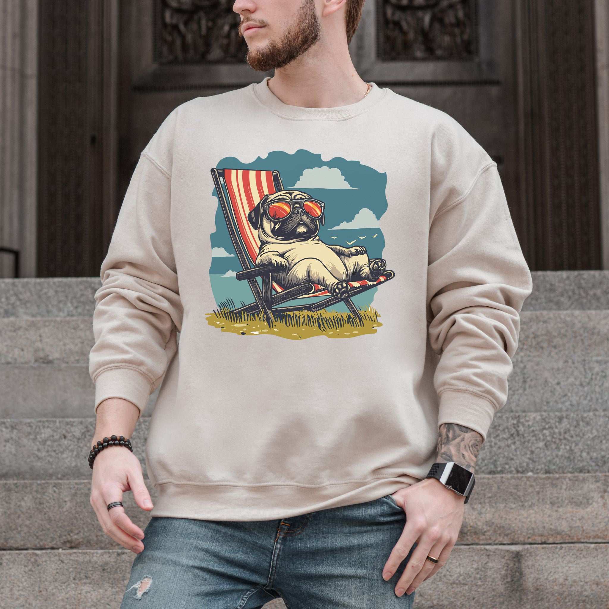 Lazy Pug Sweatshirt – Chill Vintage Beach Vibes for Dog Lovers