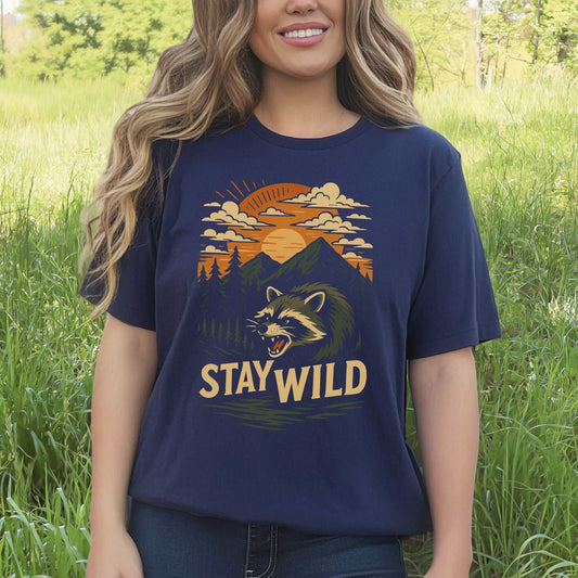 Raccoon Stay Wild T-Shirt – Funny Retro Wilderness Adventure Tee