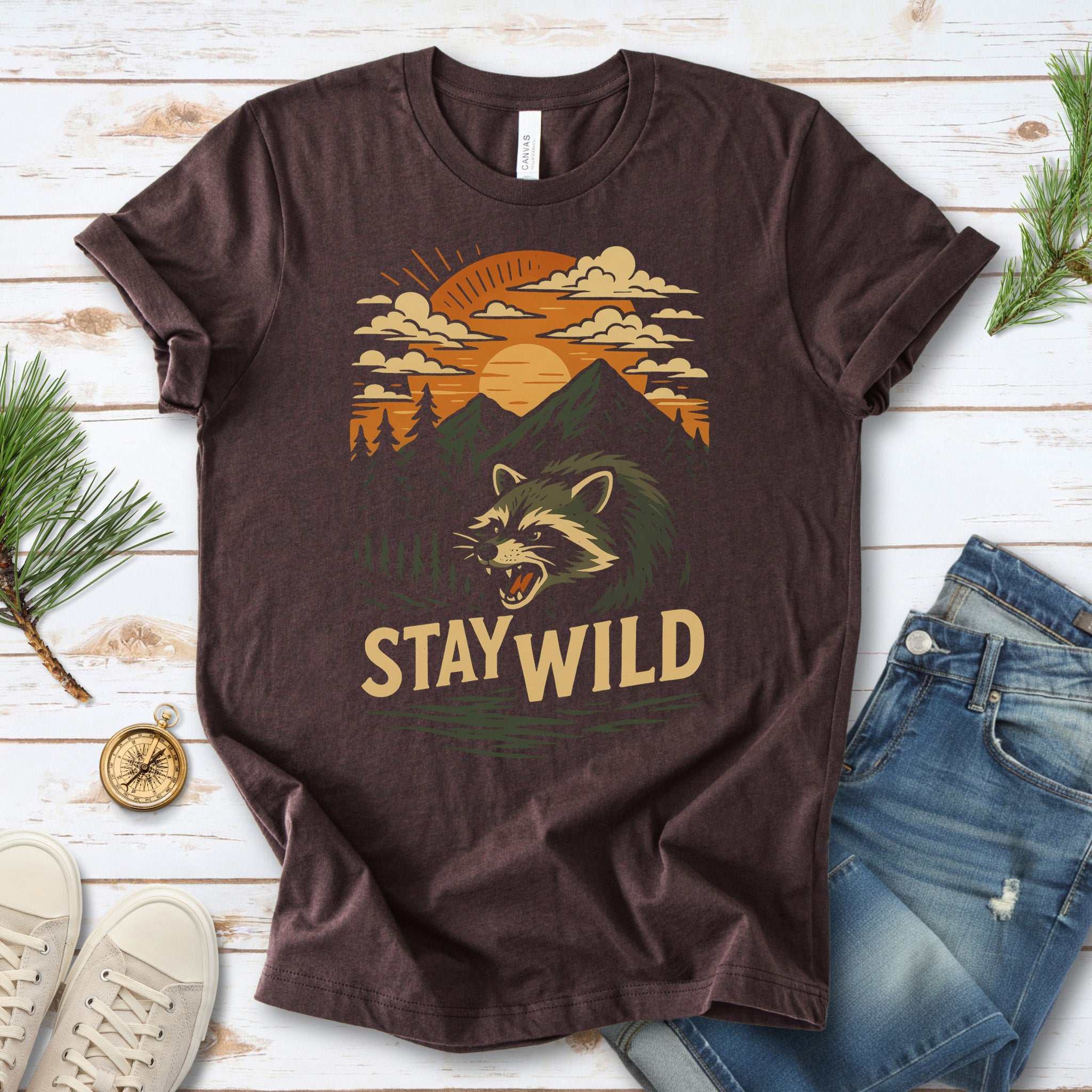 Raccoon Stay Wild T-Shirt – Funny Retro Wilderness Adventure Tee