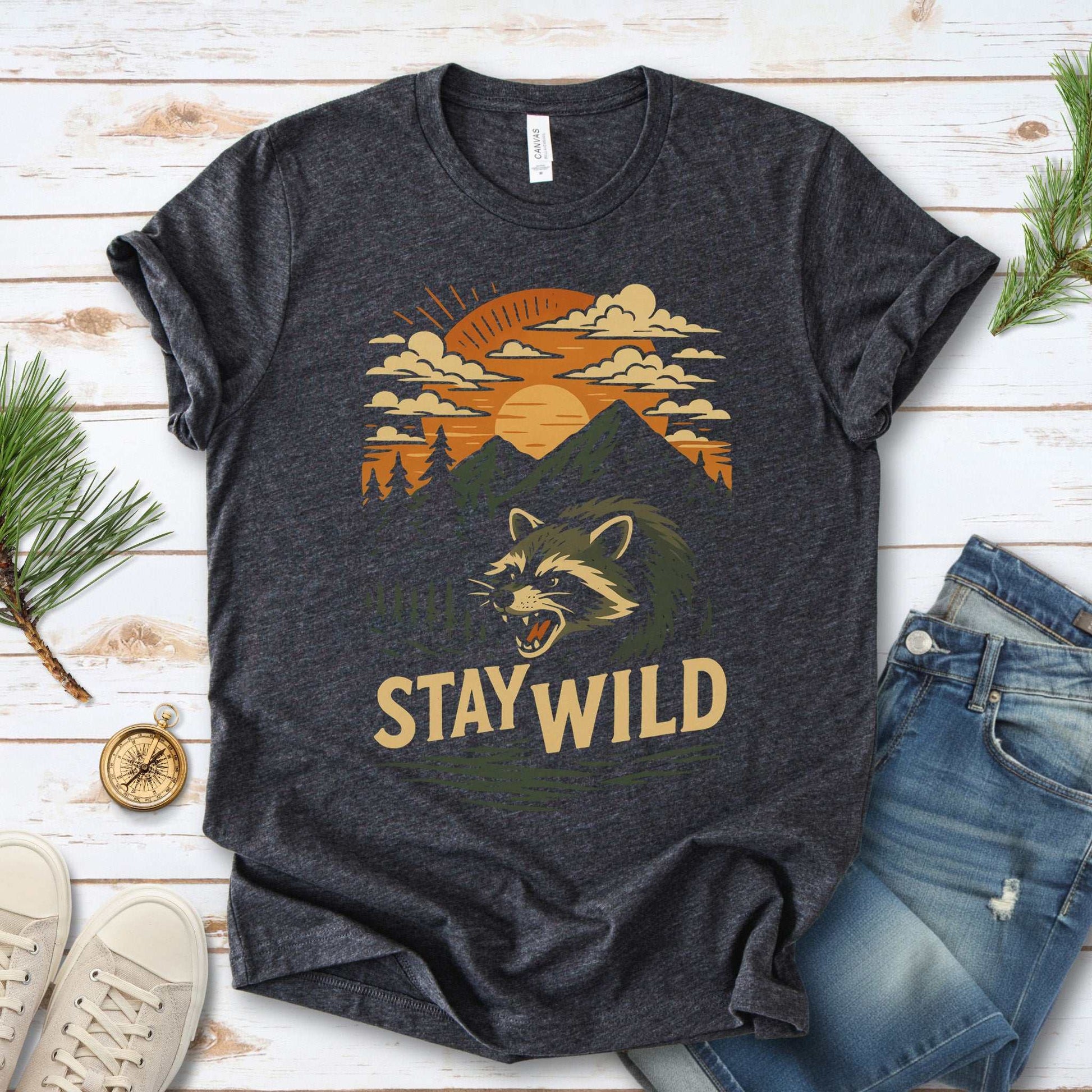 Raccoon Stay Wild T-Shirt – Funny Retro Wilderness Adventure Tee