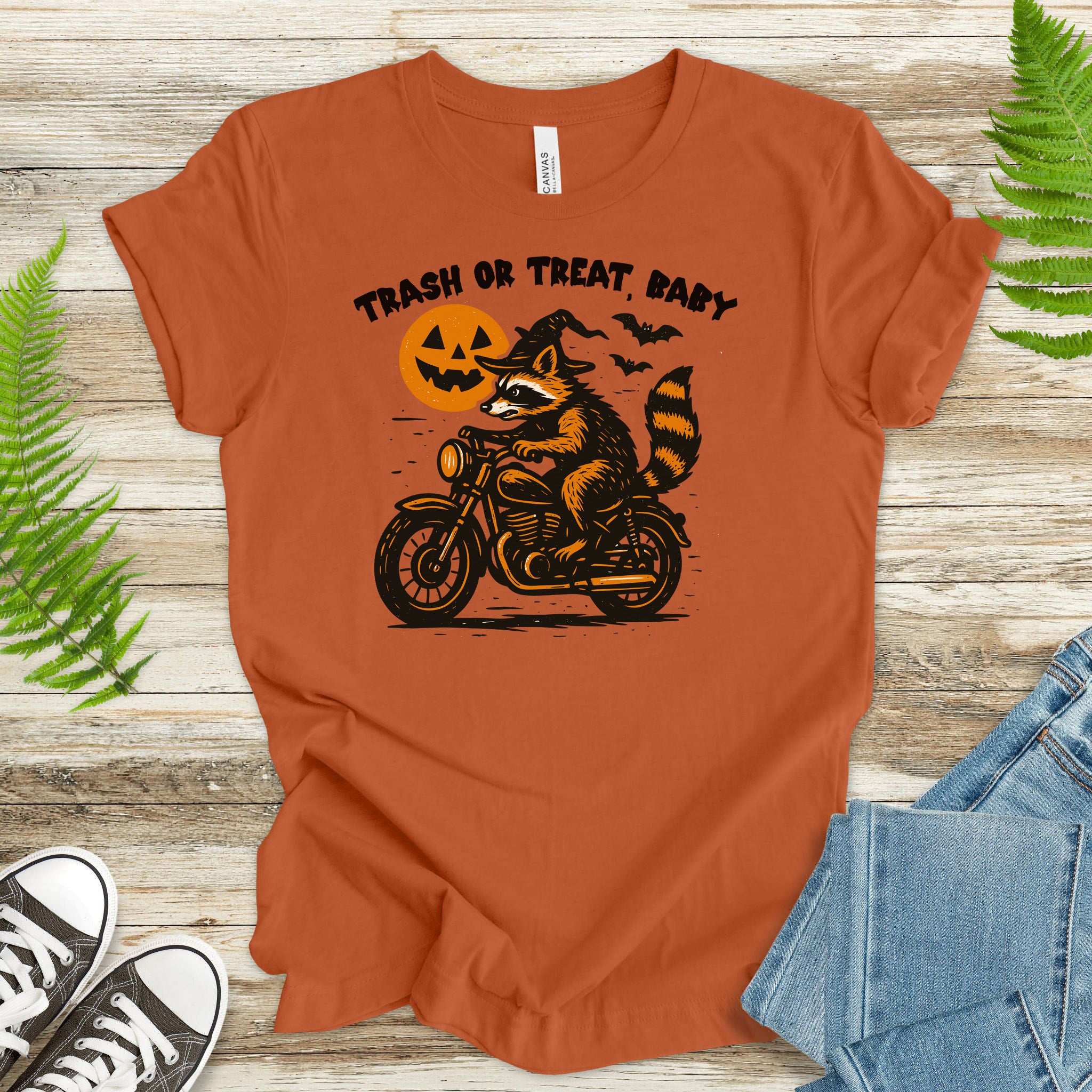 Trash or Treat Raccoon Halloween T-Shirt – Biker Witch Retro Ride Tee