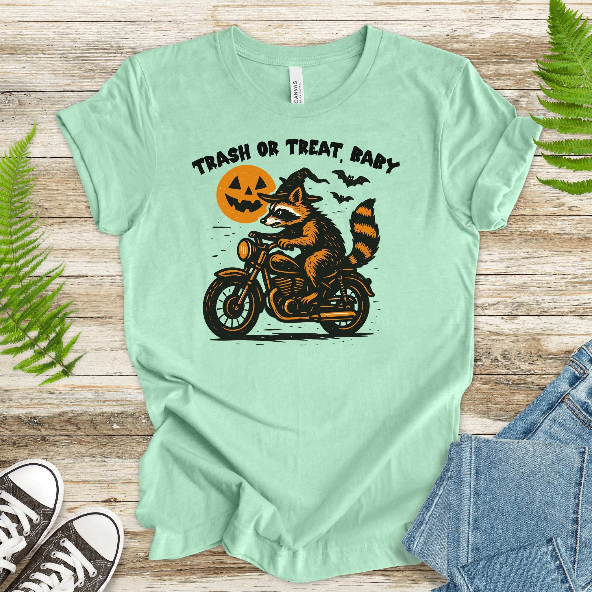 Trash or Treat Raccoon Halloween T-Shirt – Biker Witch Retro Ride Tee