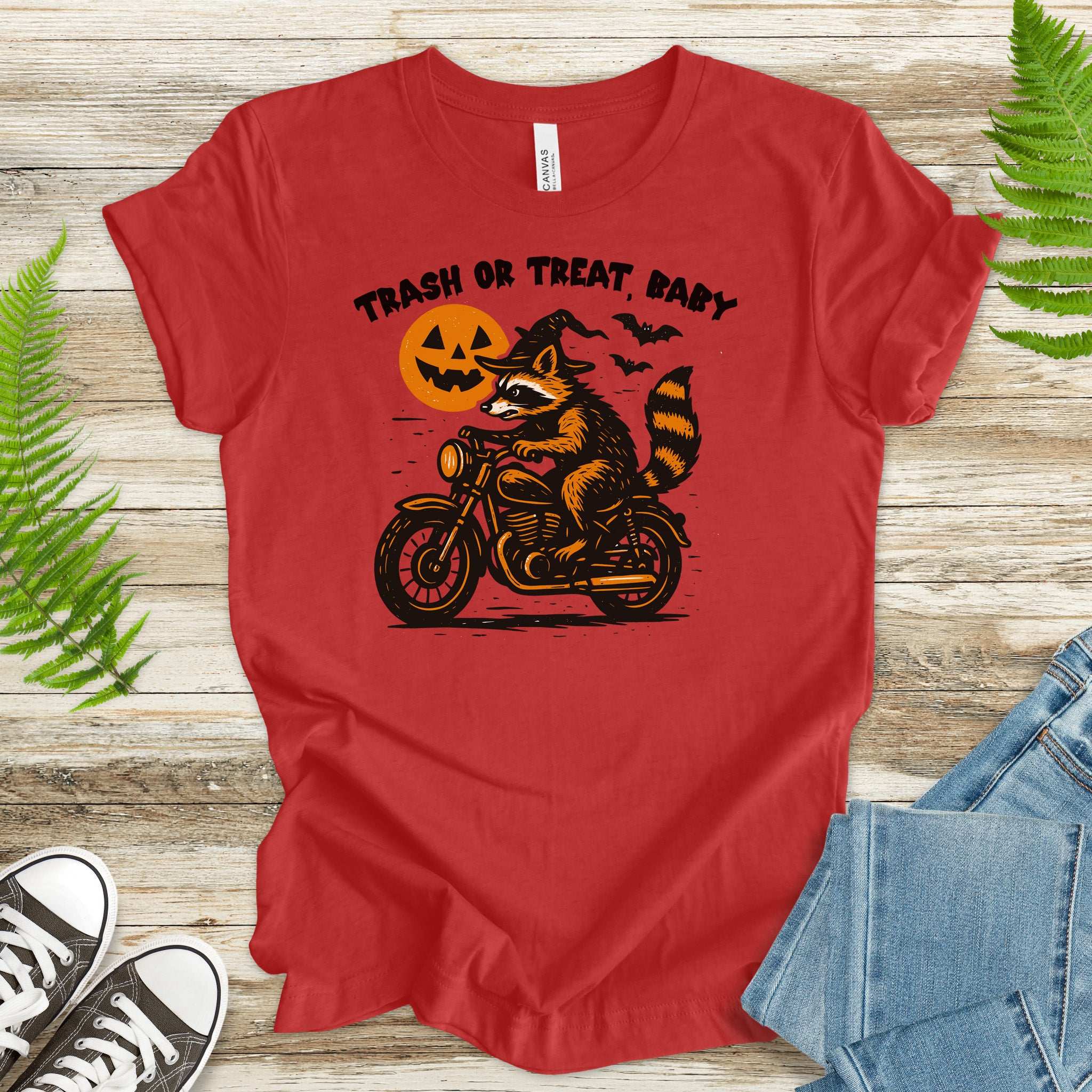 Trash or Treat Raccoon Halloween T-Shirt – Biker Witch Retro Ride Tee