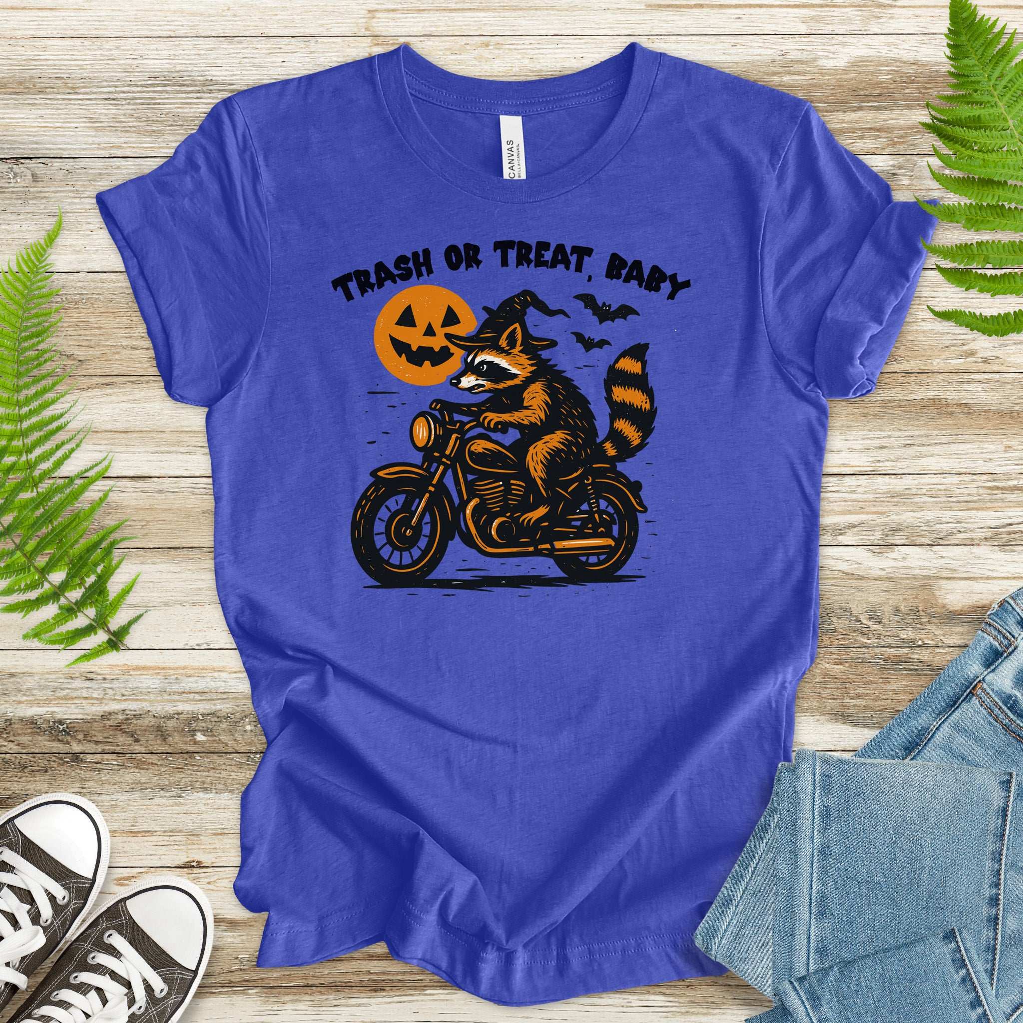 Trash or Treat Raccoon Halloween T-Shirt – Biker Witch Retro Ride Tee