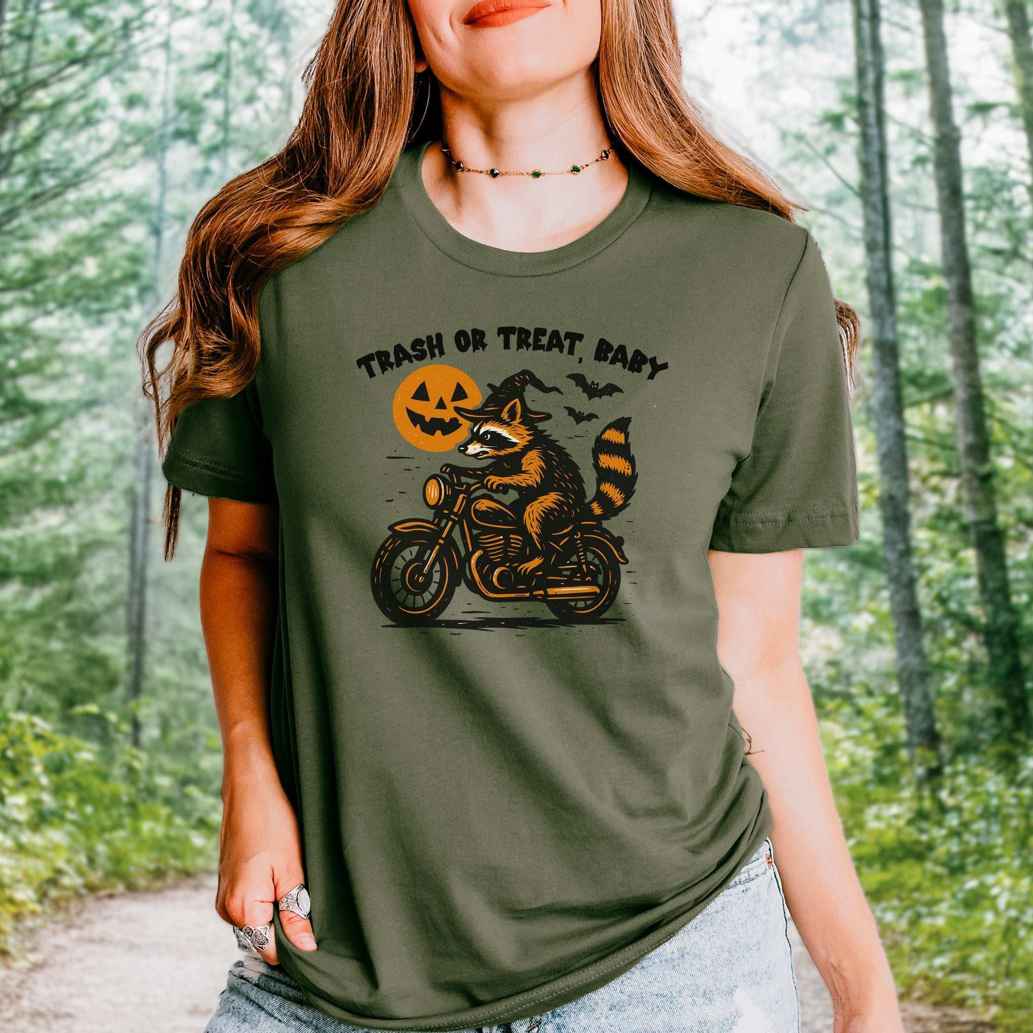 Trash or Treat Raccoon Halloween T-Shirt – Biker Witch Retro Ride Tee