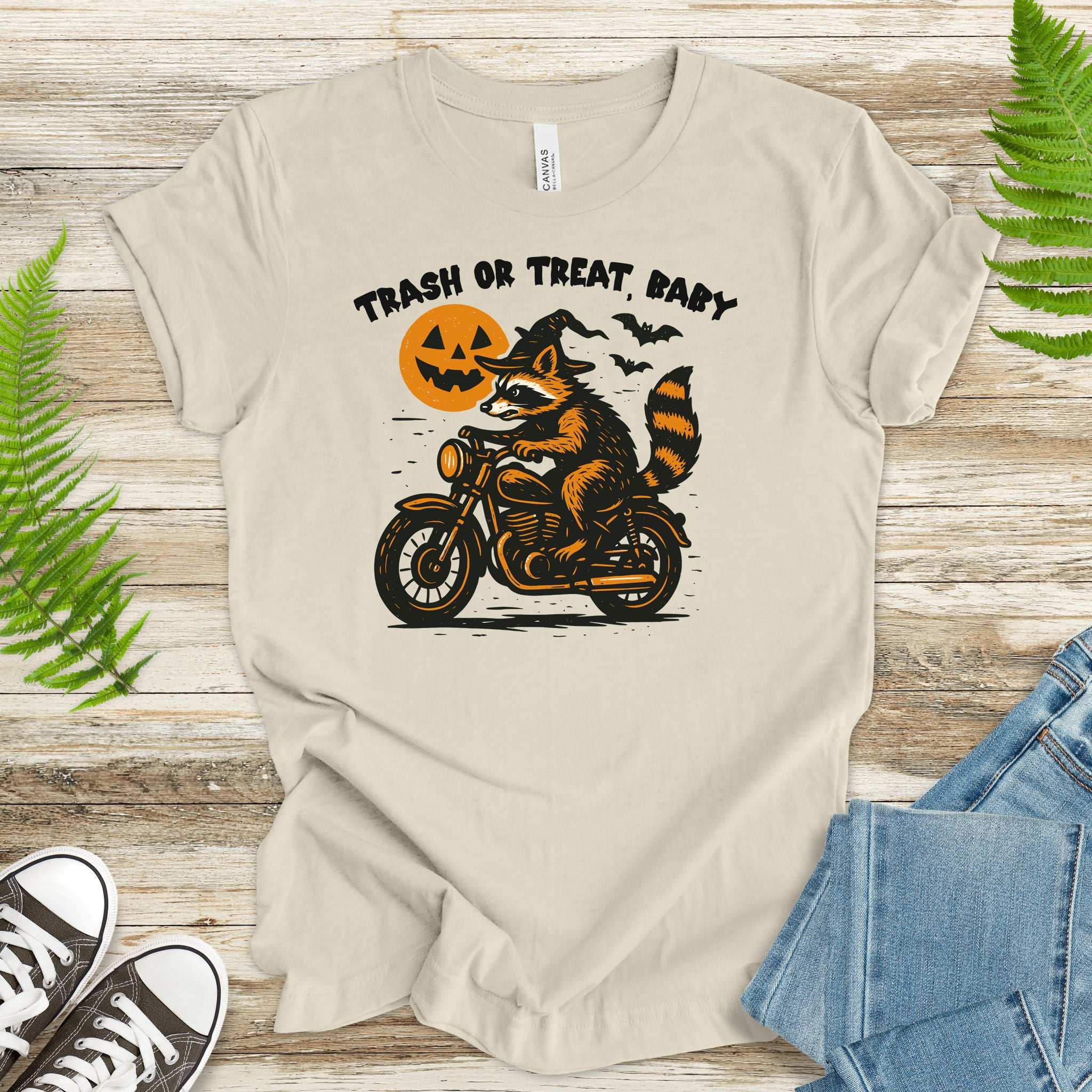 Trash or Treat Raccoon Halloween T-Shirt – Biker Witch Retro Ride Tee