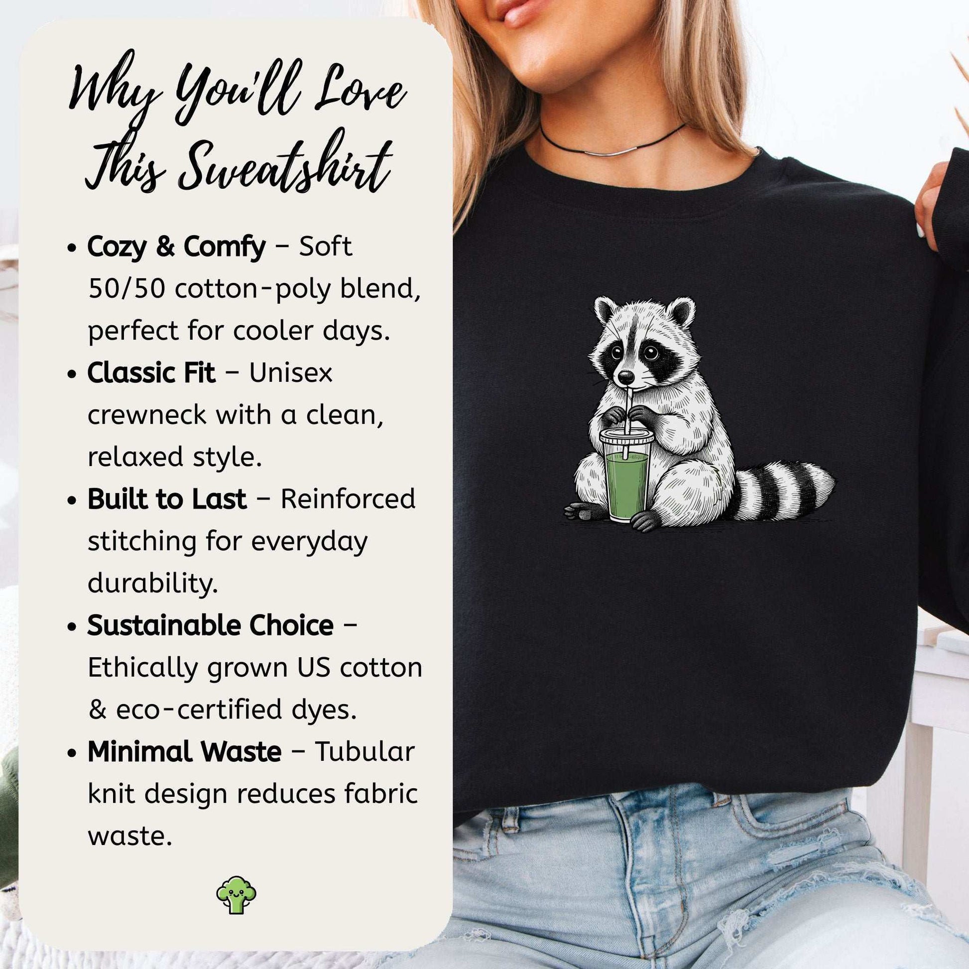 Green Smoothie Raccoon Sweatshirt – Funny Vegan Gift for Plant-Based Souls