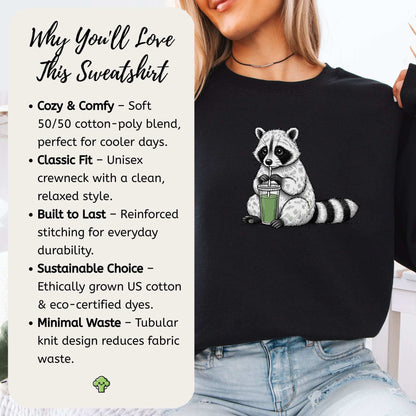 Green Smoothie Raccoon Sweatshirt – Funny Vegan Gift for Plant-Based Souls