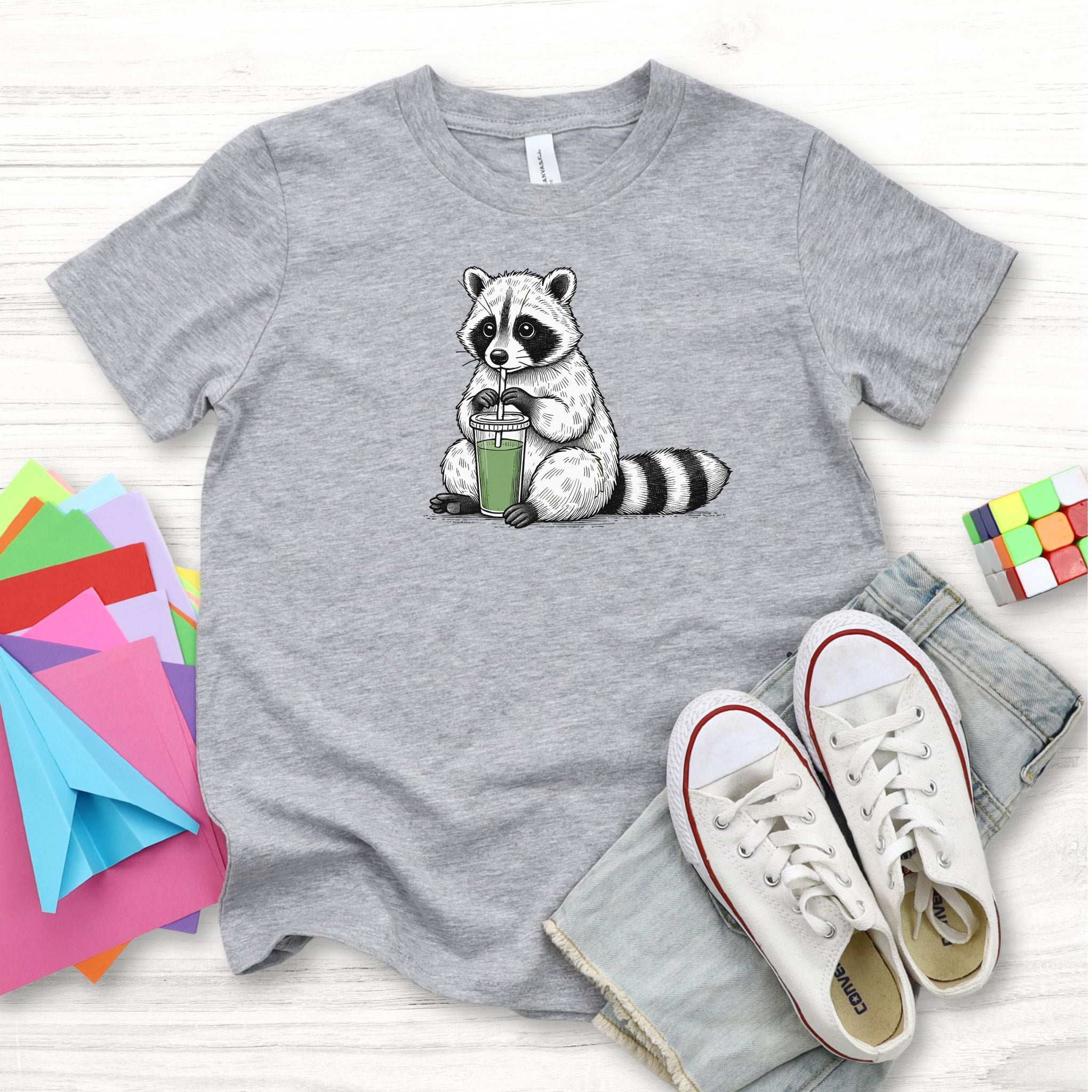 Raccoon Green Smoothie – Leafy Sippin’ Mischief Youth Tee