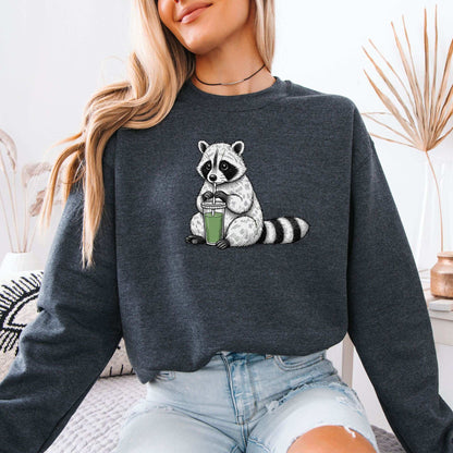 Green Smoothie Raccoon Sweatshirt – Funny Vegan Gift for Plant-Based Souls
