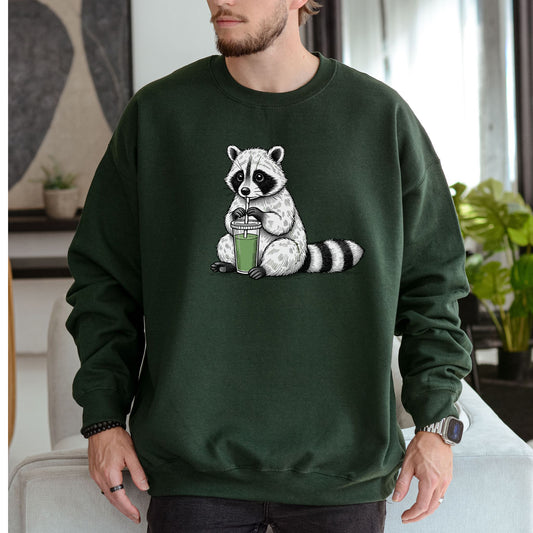 Green Smoothie Raccoon Sweatshirt – Funny Vegan Gift for Plant-Based Souls