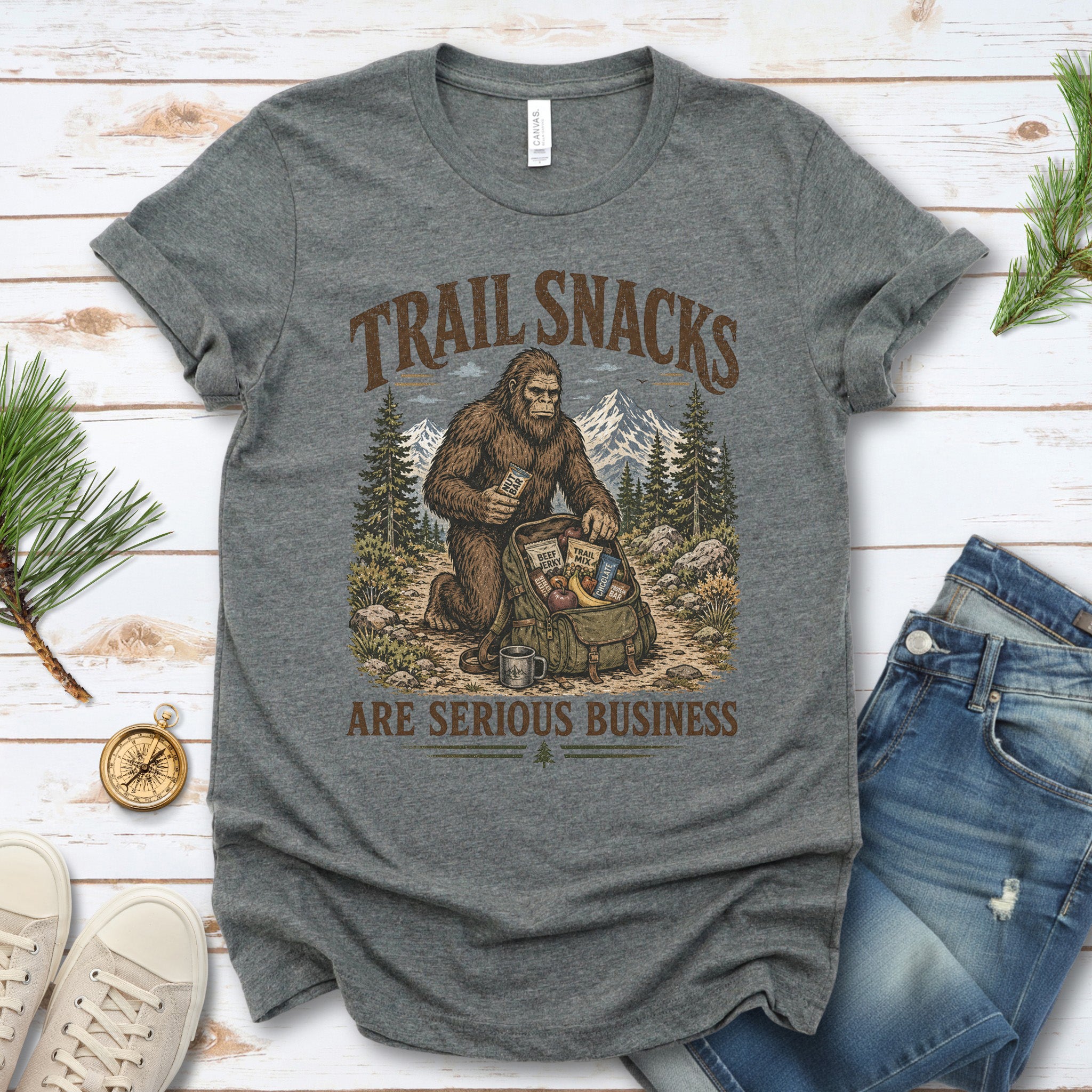 Trail Snacks Are Serious Business Bigfoot Camping Humor T-Shirt