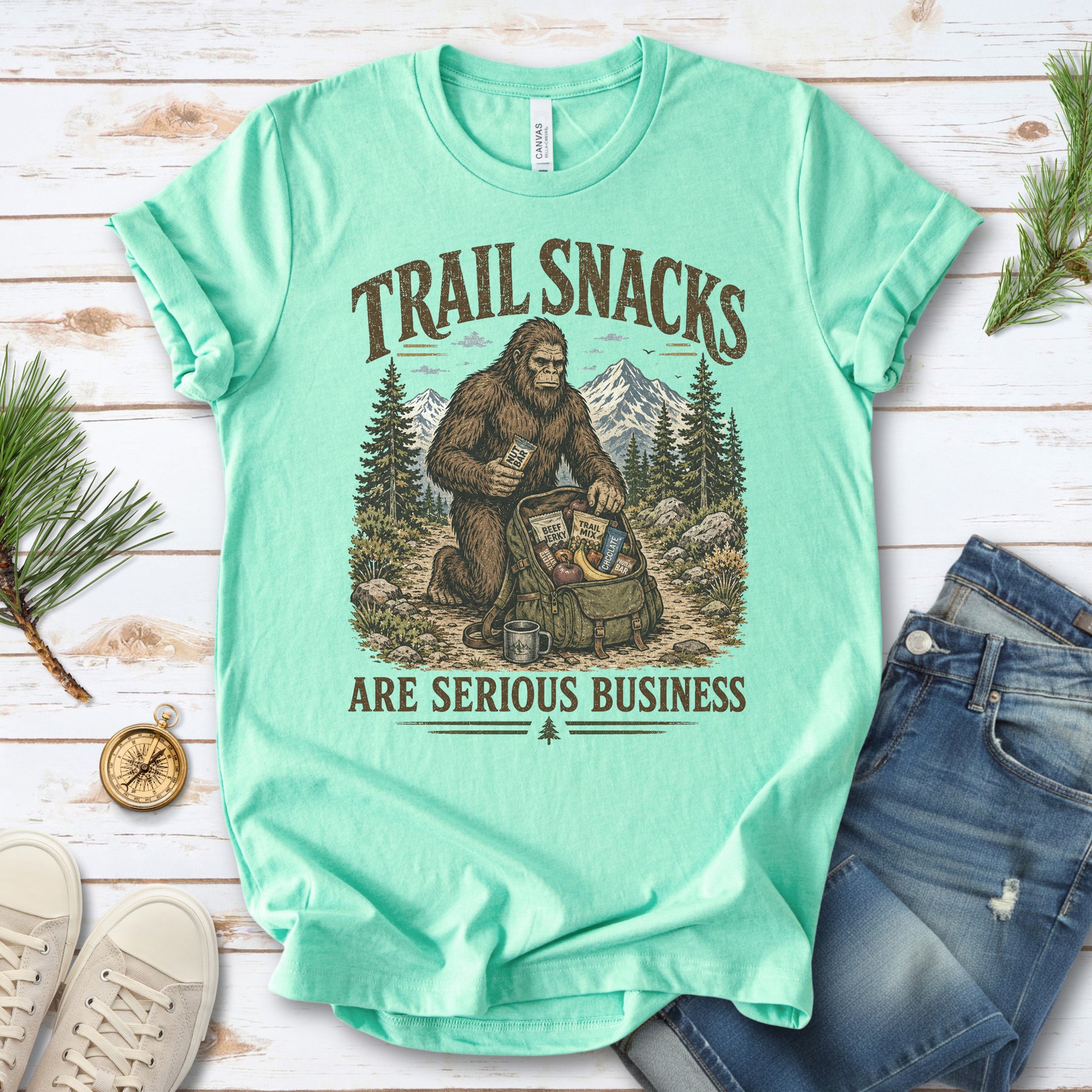 Trail Snacks Are Serious Business Bigfoot Camping Humor T-Shirt
