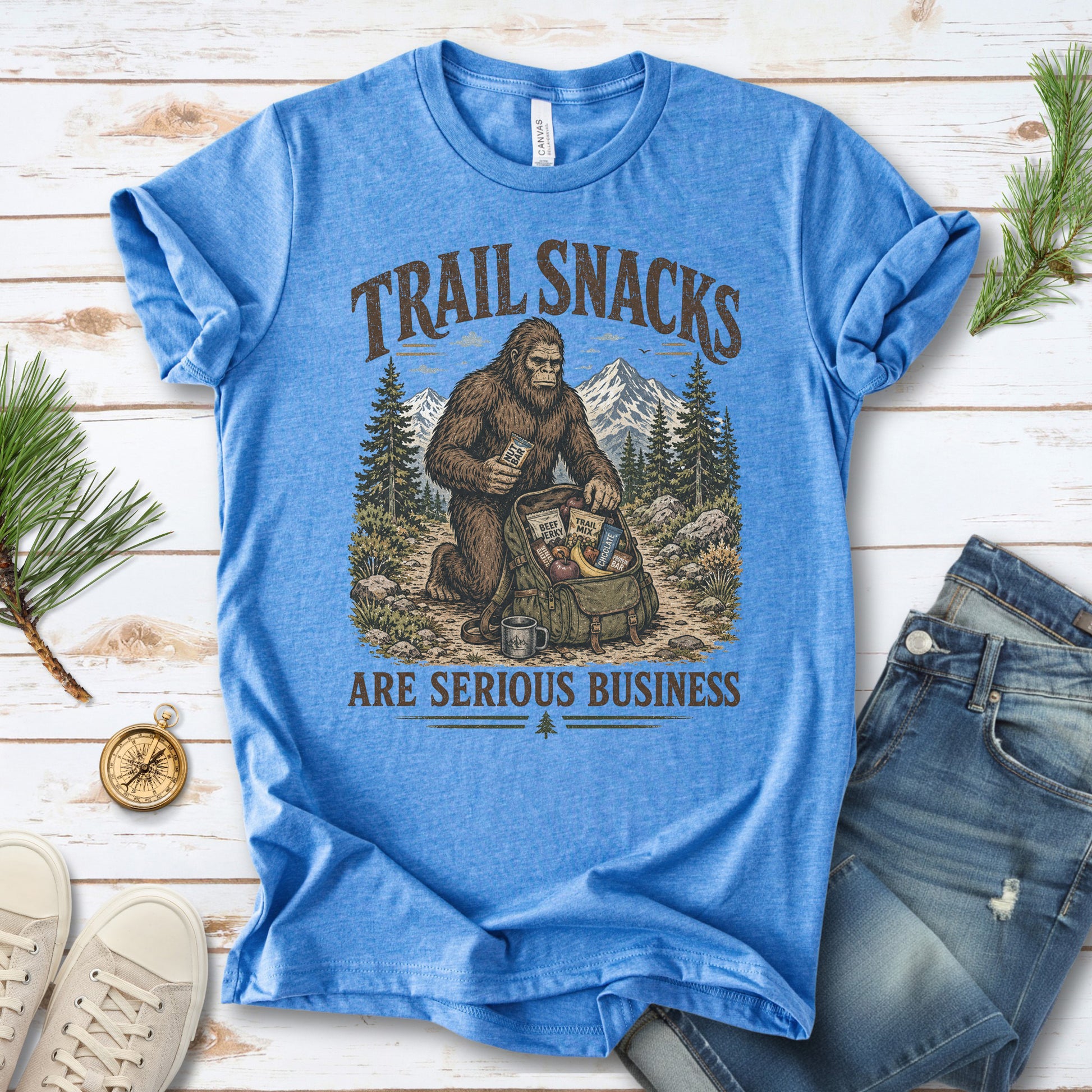 Trail Snacks Are Serious Business Bigfoot Camping Humor T-Shirt