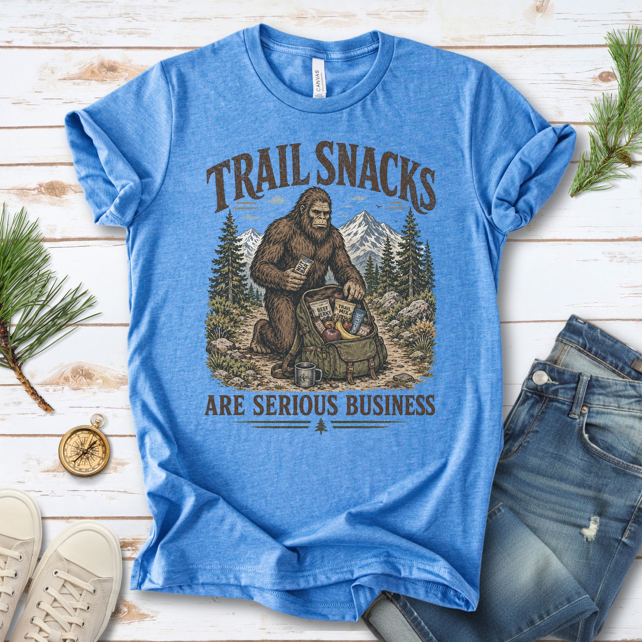 Trail Snacks Are Serious Business Bigfoot Camping Humor T-Shirt