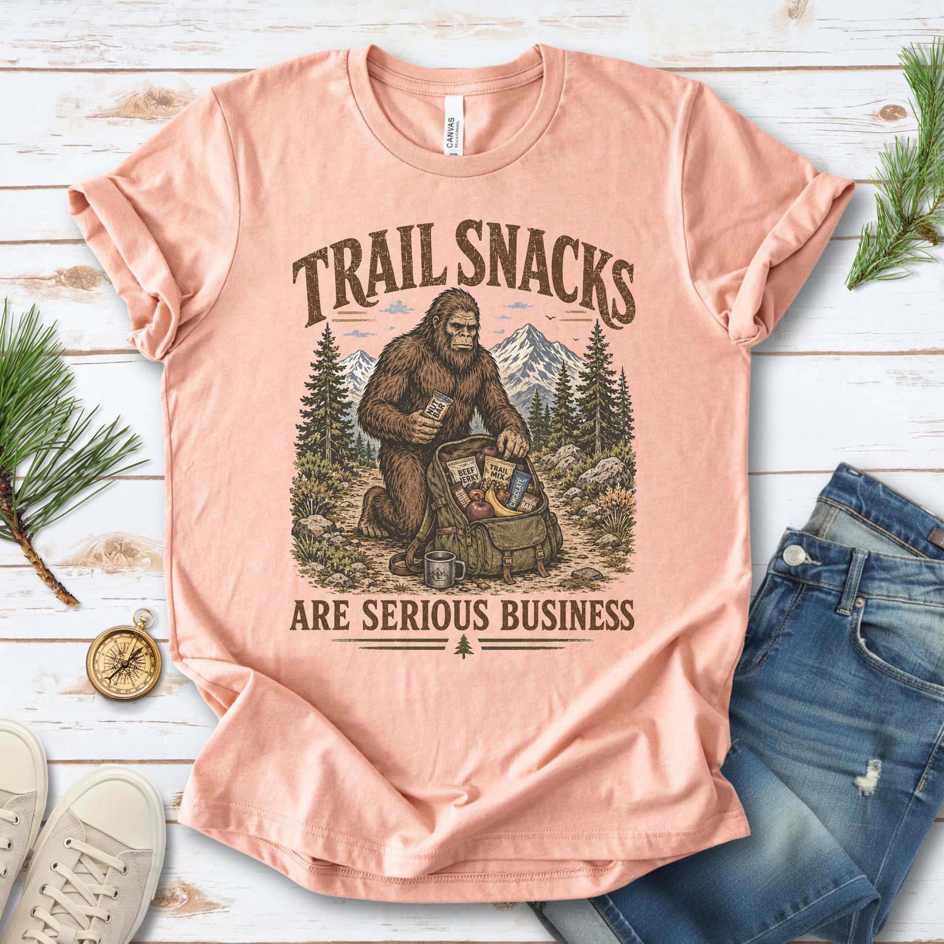 Trail Snacks Are Serious Business Bigfoot Camping Humor T-Shirt
