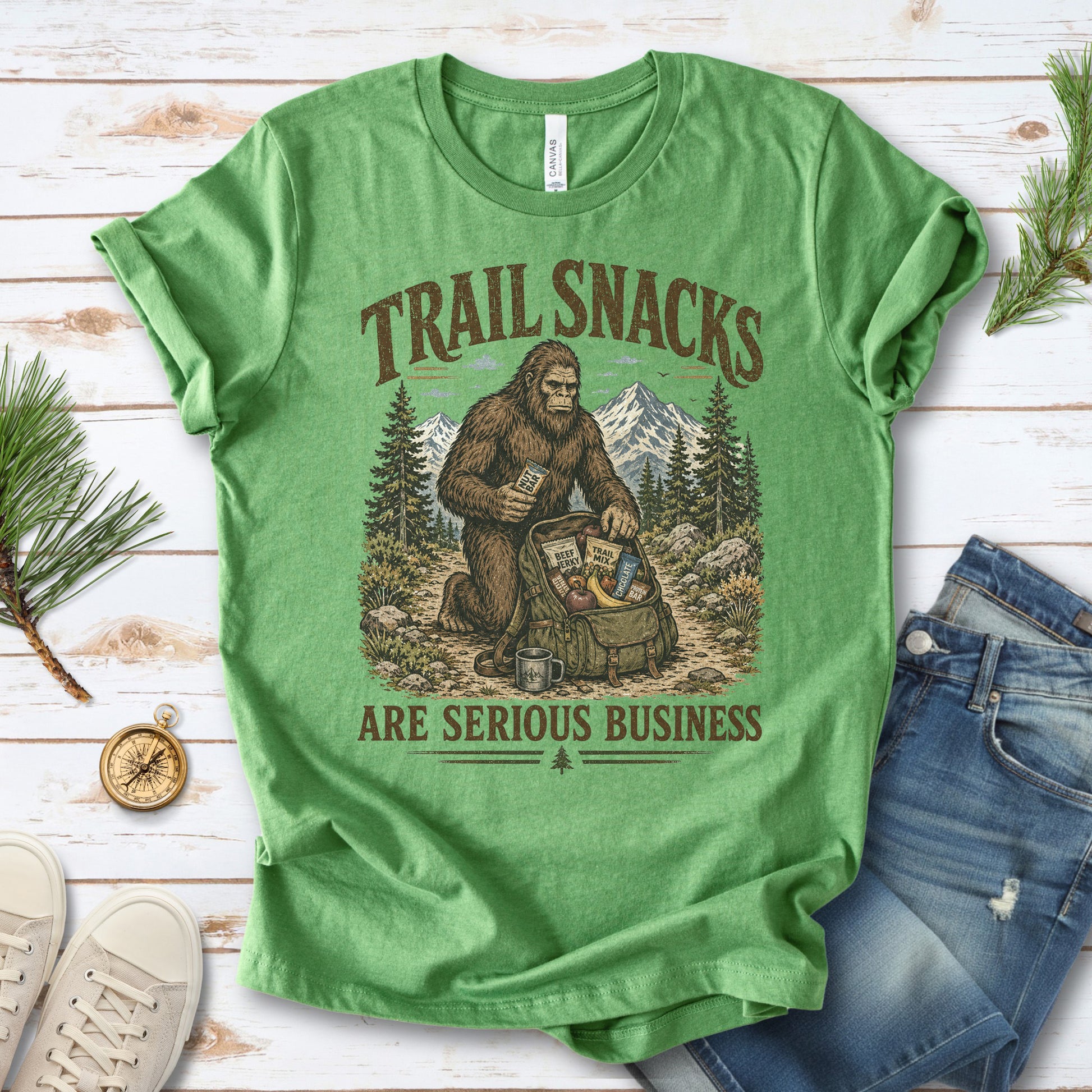 Trail Snacks Are Serious Business Bigfoot Camping Humor T-Shirt