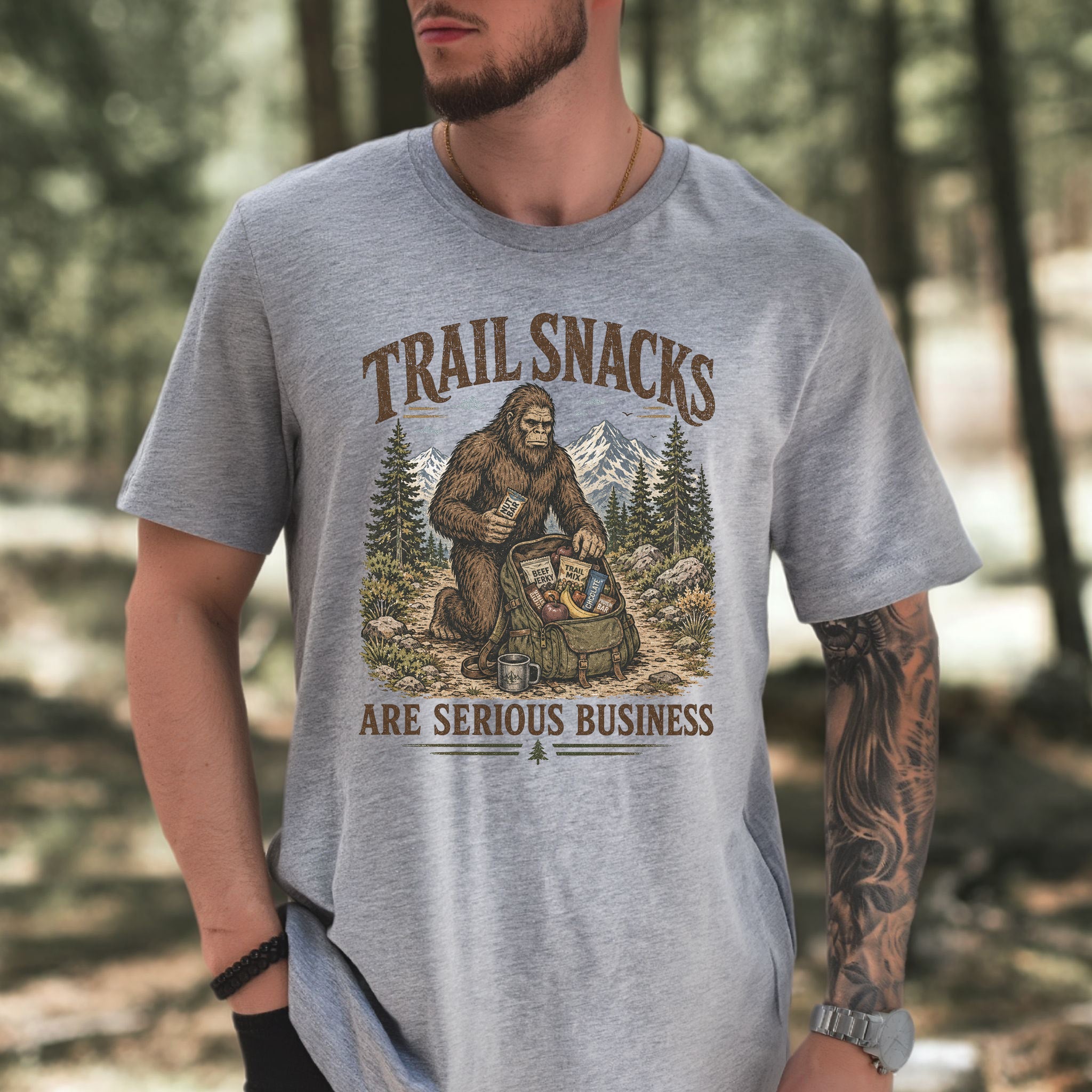 Trail Snacks Are Serious Business Bigfoot Camping Humor T-Shirt
