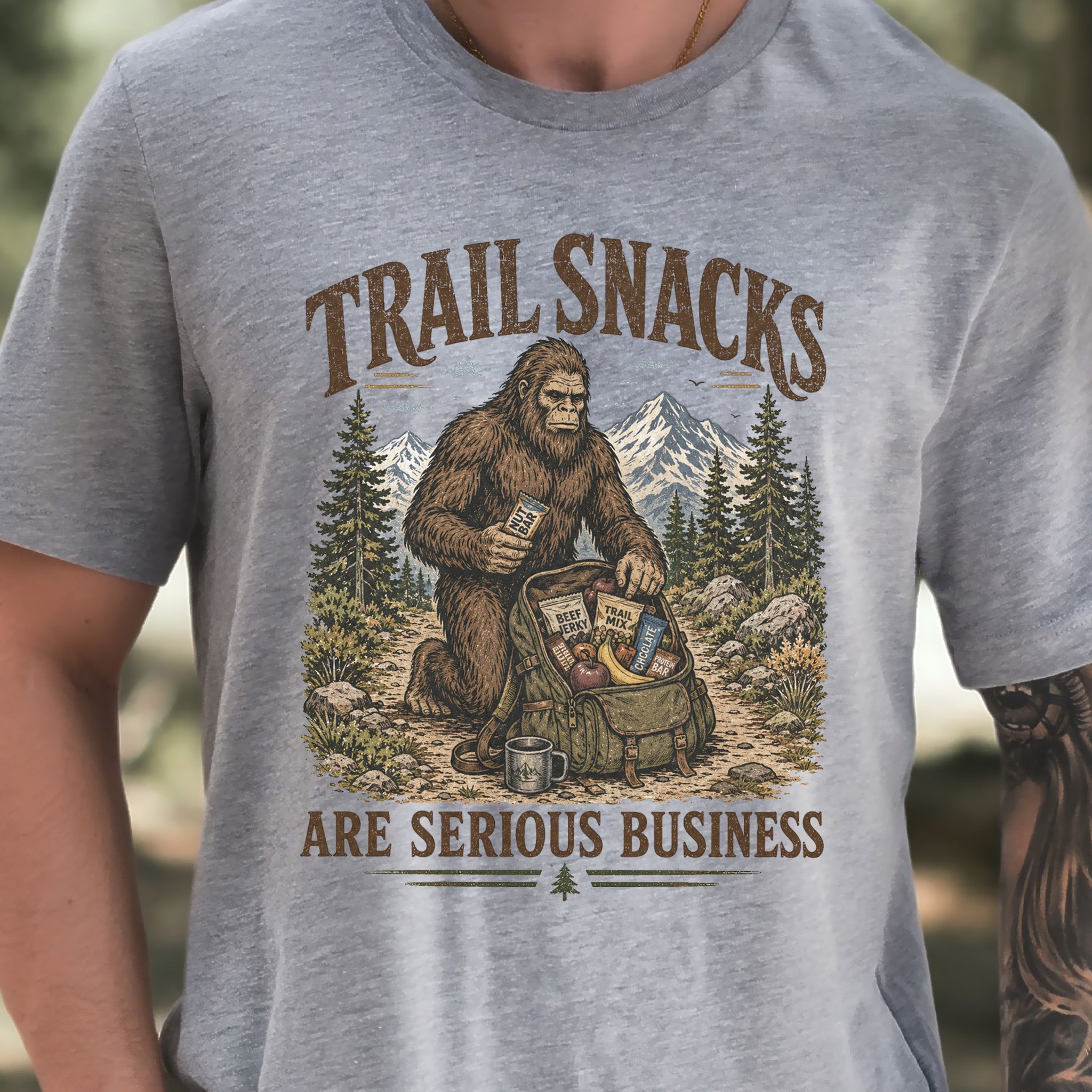 Trail Snacks Are Serious Business Bigfoot Camping Humor T-Shirt