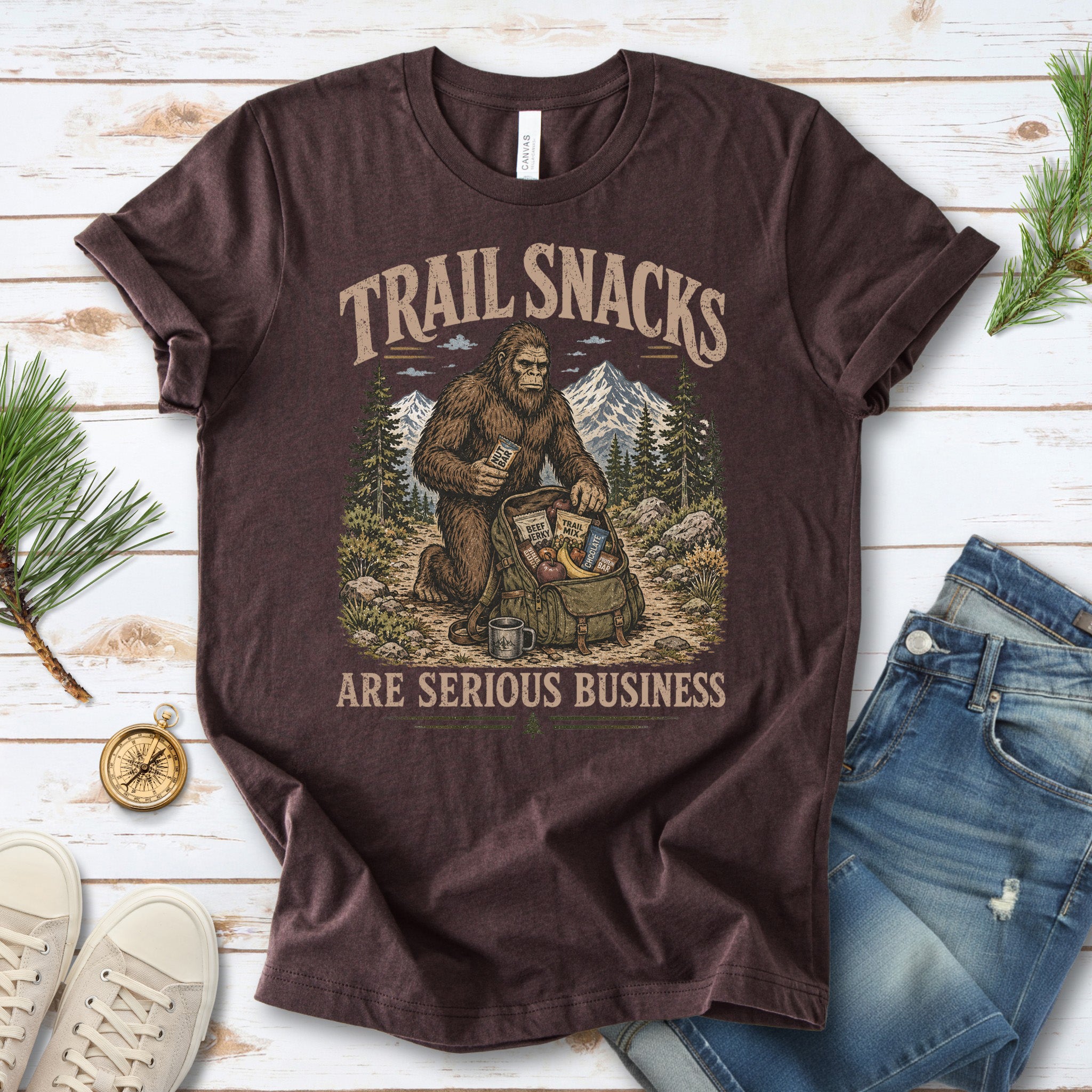 Trail Snacks Are Serious Business Bigfoot Camping Humor T-Shirt