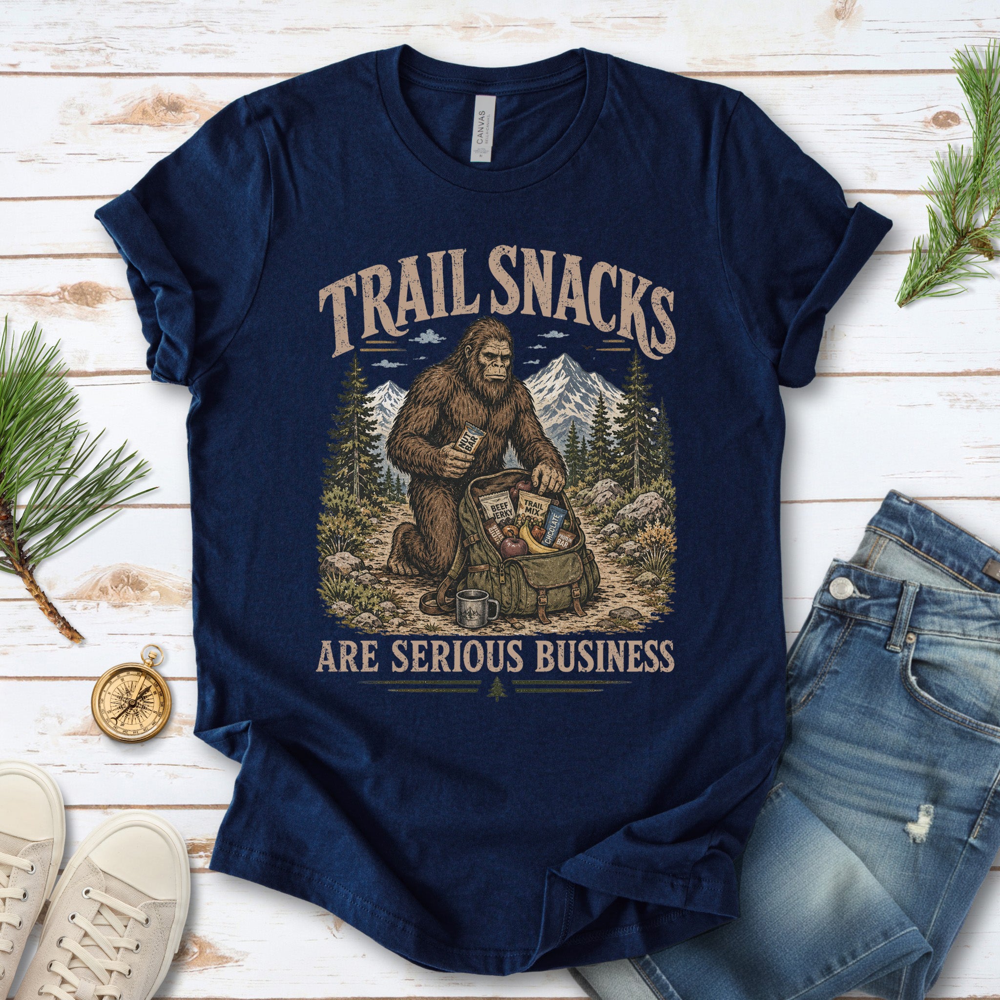 Trail Snacks Are Serious Business Bigfoot Camping Humor T-Shirt