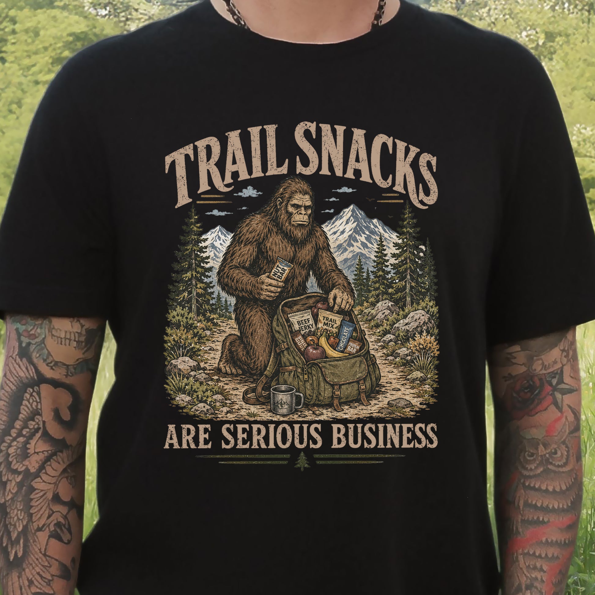 Trail Snacks Are Serious Business Bigfoot Camping Humor T-Shirt