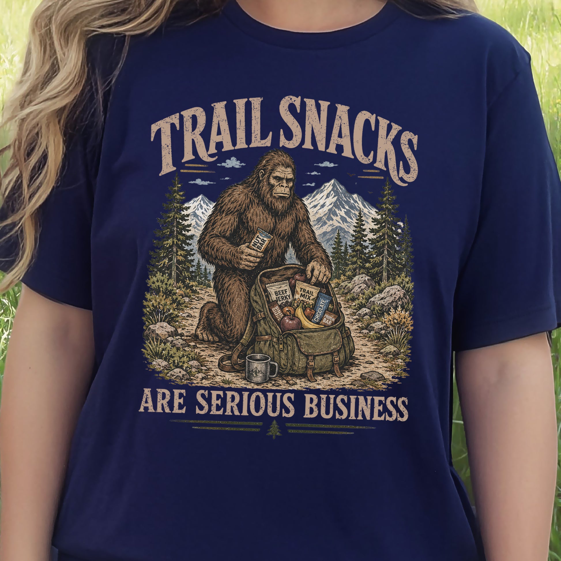 Trail Snacks Are Serious Business Bigfoot Camping Humor T-Shirt