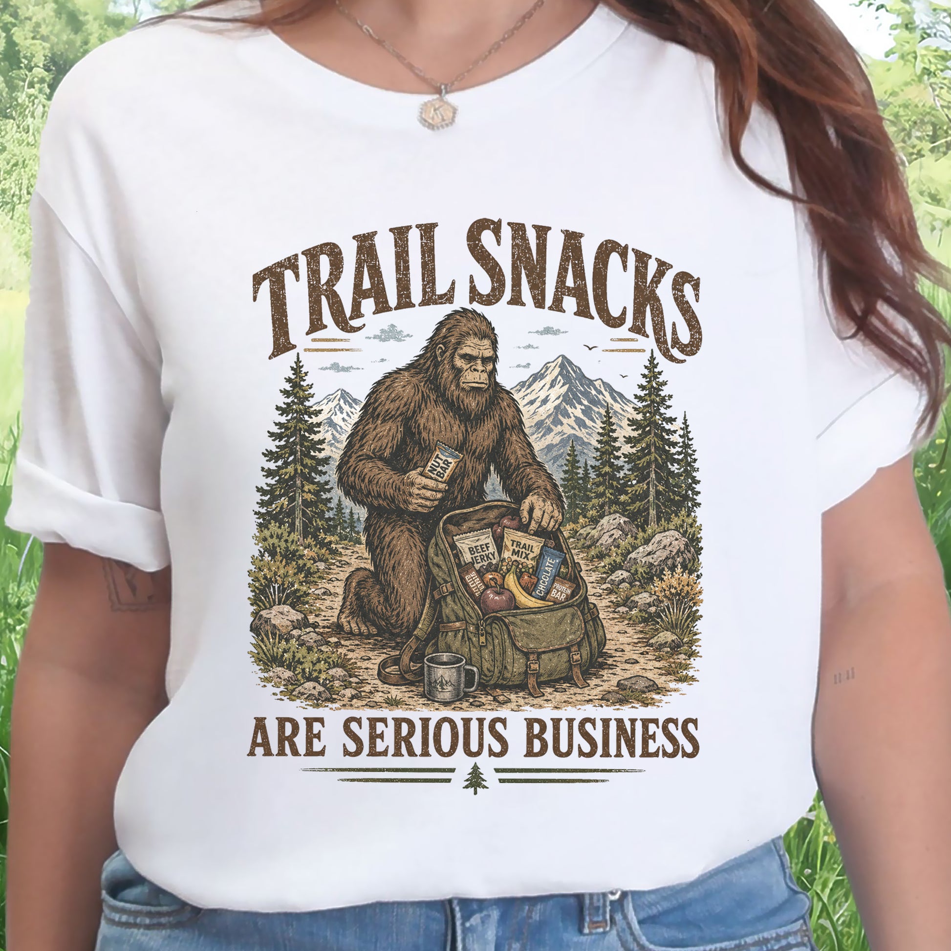 Trail Snacks Are Serious Business Bigfoot Camping Humor T-Shirt