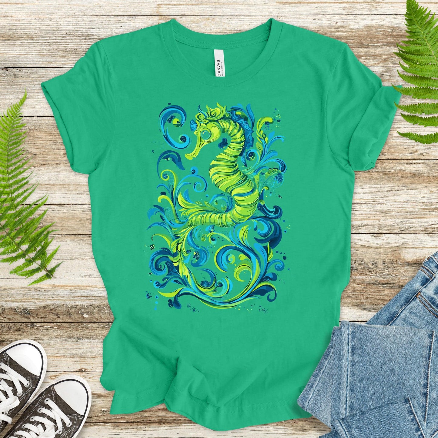 Colorful Seahorse T-Shirt – Ocean Magic in Green & Blue - TShirtree