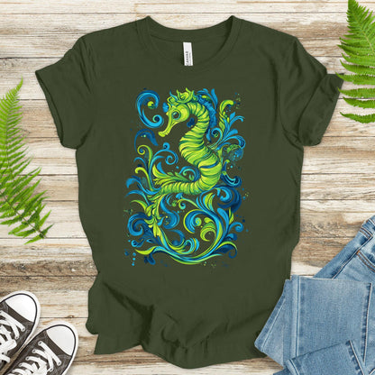 Colorful Seahorse T-Shirt – Ocean Magic in Green & Blue - TShirtree