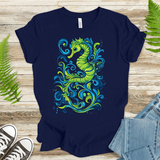 Colorful Seahorse T-Shirt – Ocean Magic in Green & Blue - TShirtree